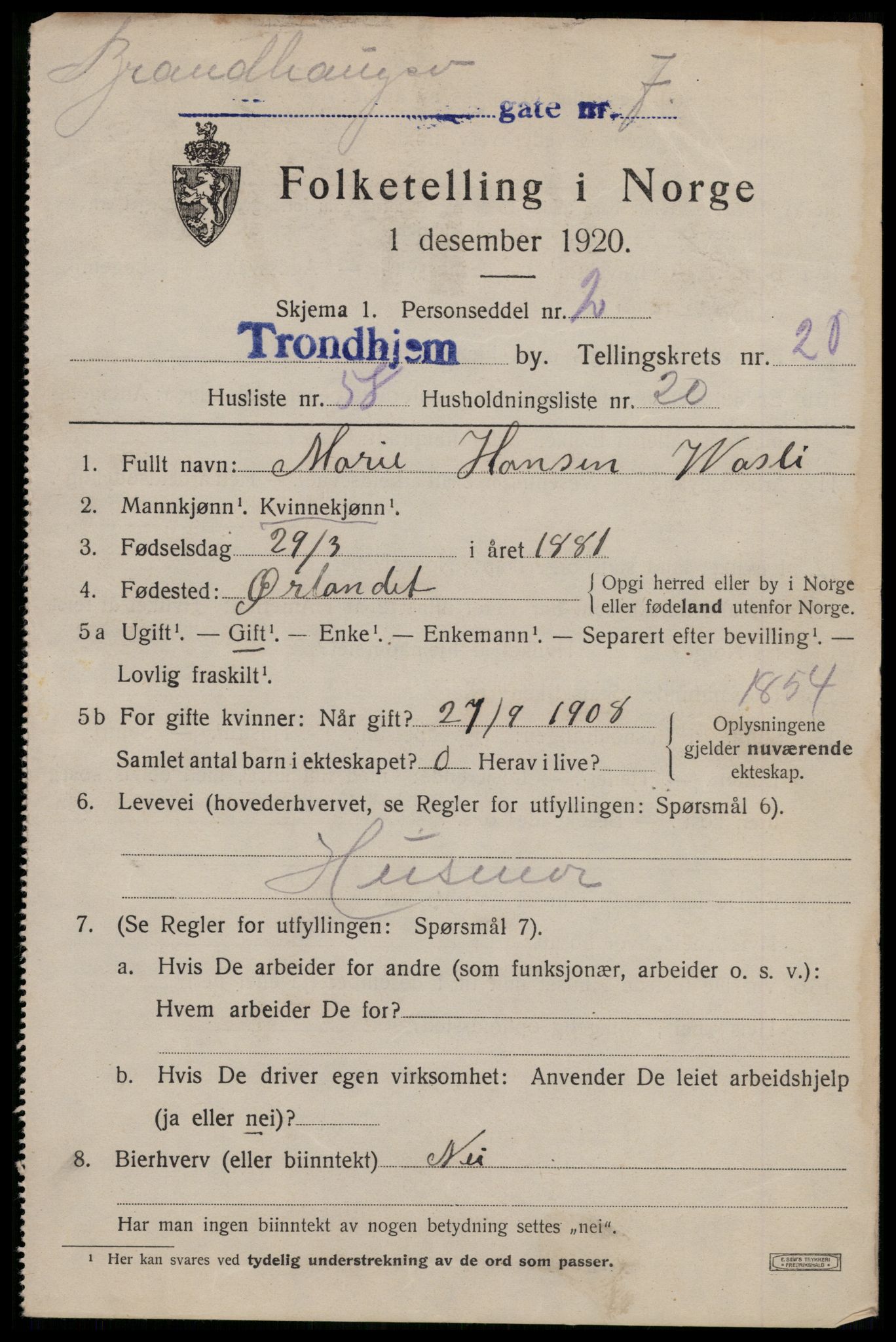 SAT, 1920 census for Trondheim, 1920, p. 61028