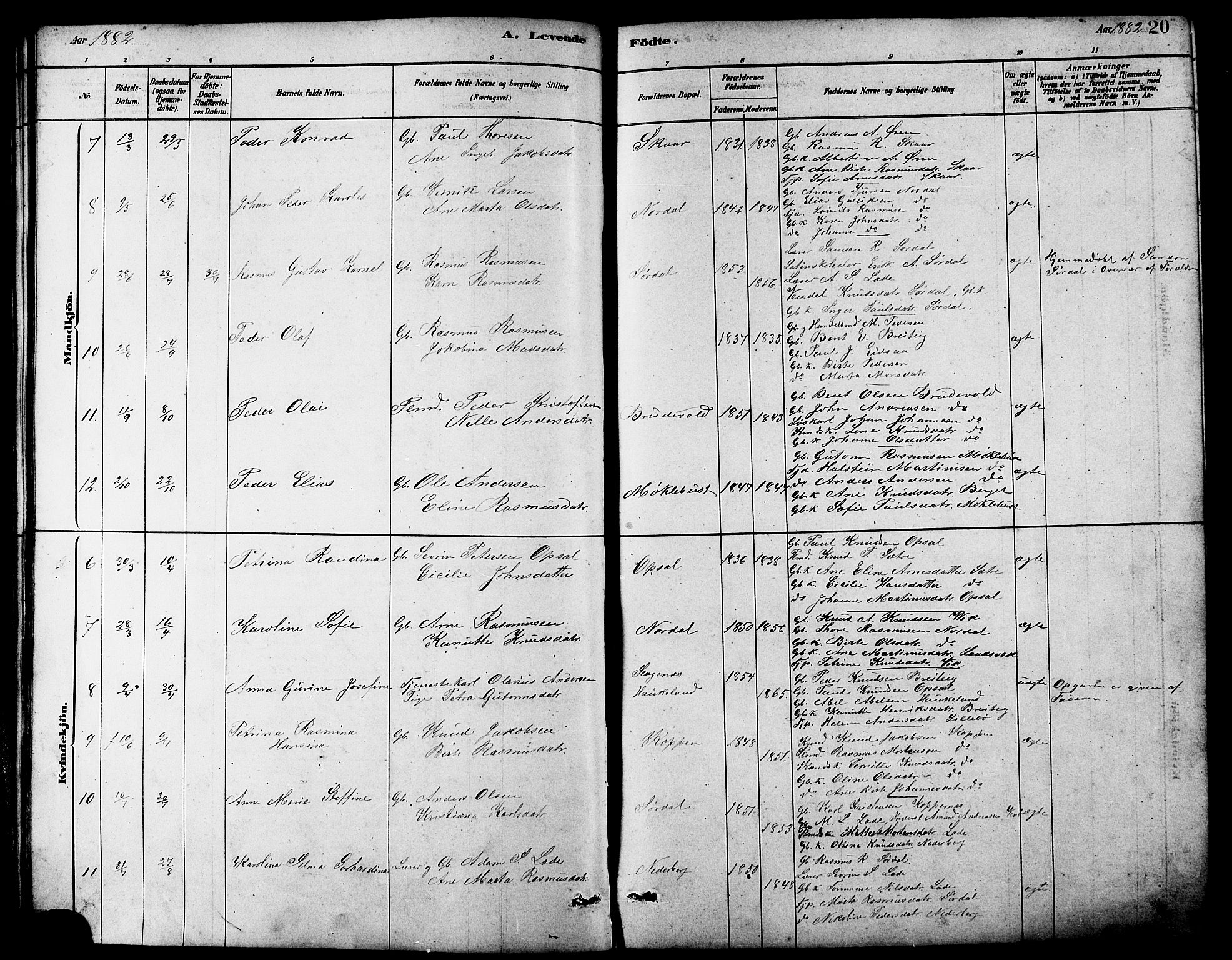 Ministerialprotokoller, klokkerbøker og fødselsregistre - Møre og Romsdal, AV/SAT-A-1454/502/L0027: Parish register (copy) no. 502C01, 1878-1908, p. 20