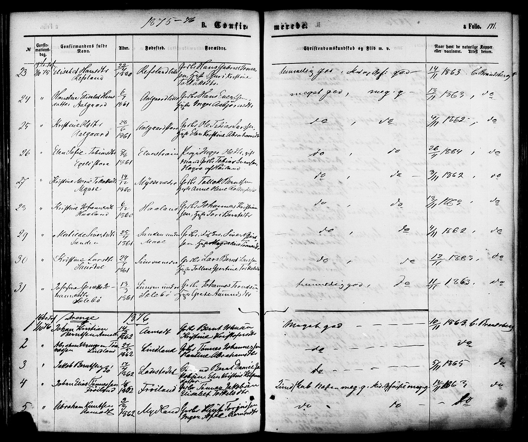 Sokndal sokneprestkontor, AV/SAST-A-101808: Parish register (official) no. A 10, 1874-1886, p. 171