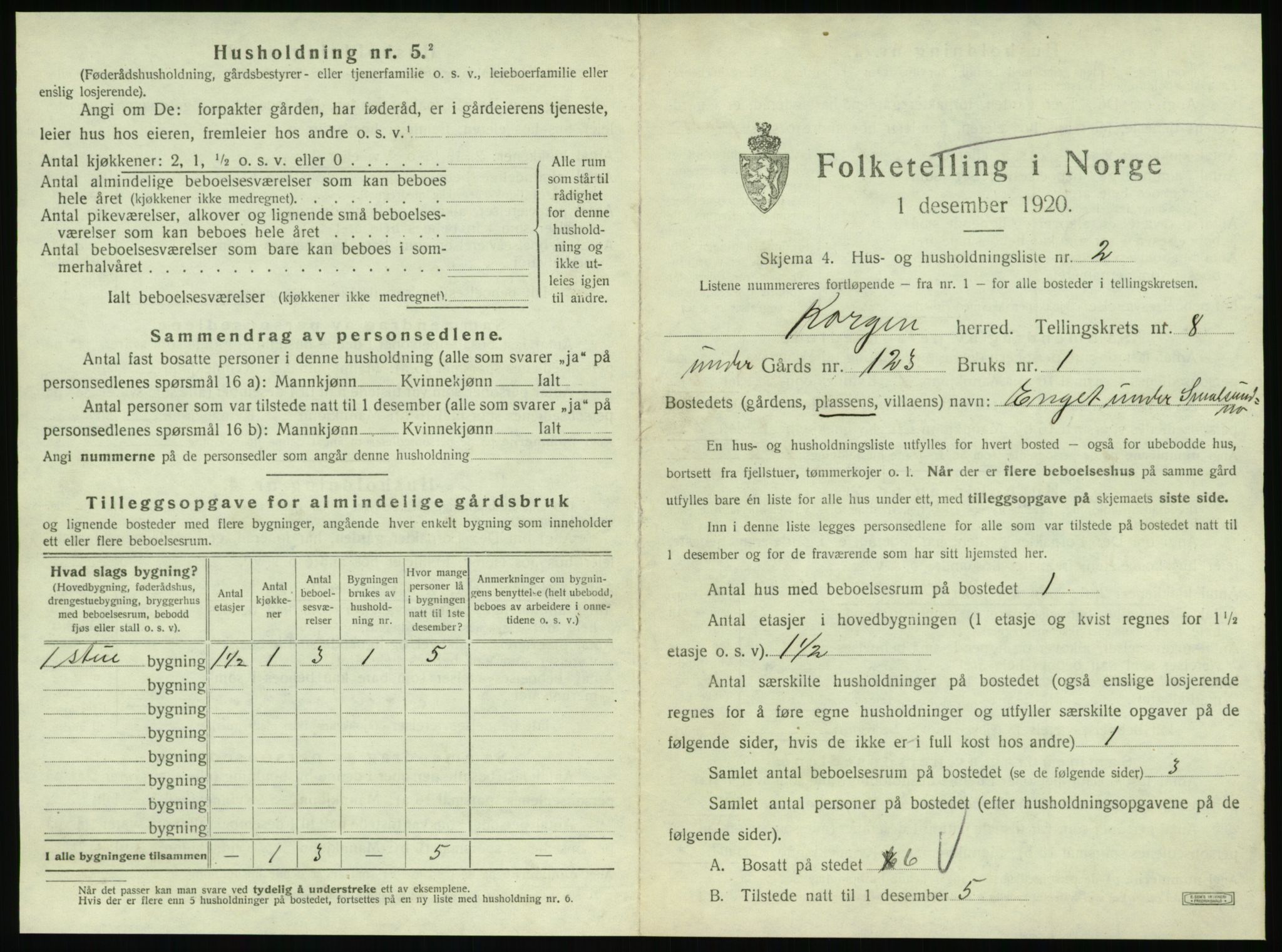 SAT, 1920 census for Korgen, 1920, p. 460