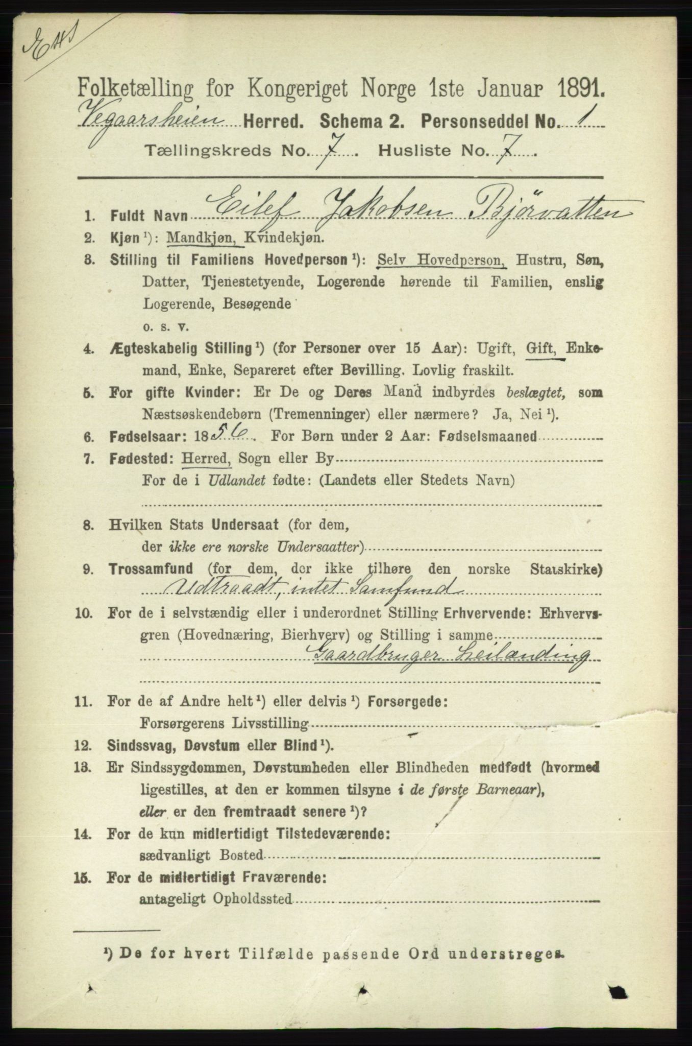 RA, Census 1891 for Nedenes amt: Gjenparter av personsedler for beslektede ektefeller, menn, 1891, p. 18