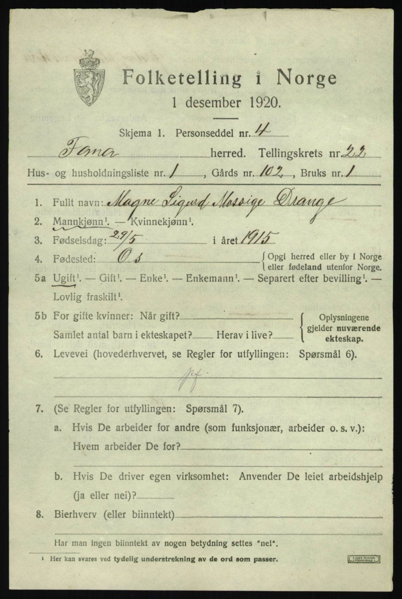 SAB, 1920 census for Fana, 1920, p. 25537