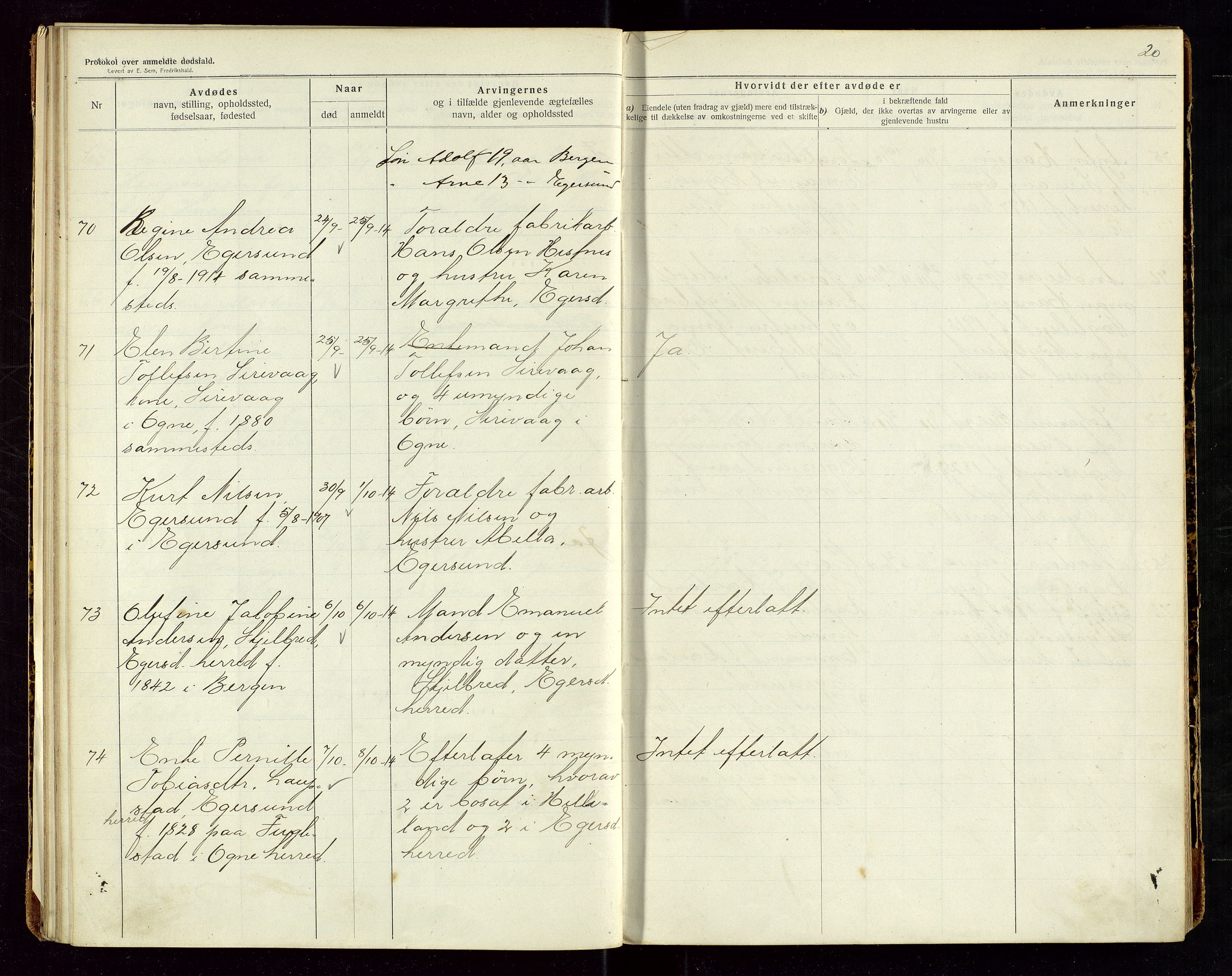 Eigersund lensmannskontor, AV/SAST-A-100171/Gga/L0006: "Protokol over anmeldte dødsfald" m/alfabetisk navneregister, 1914-1917, p. 20