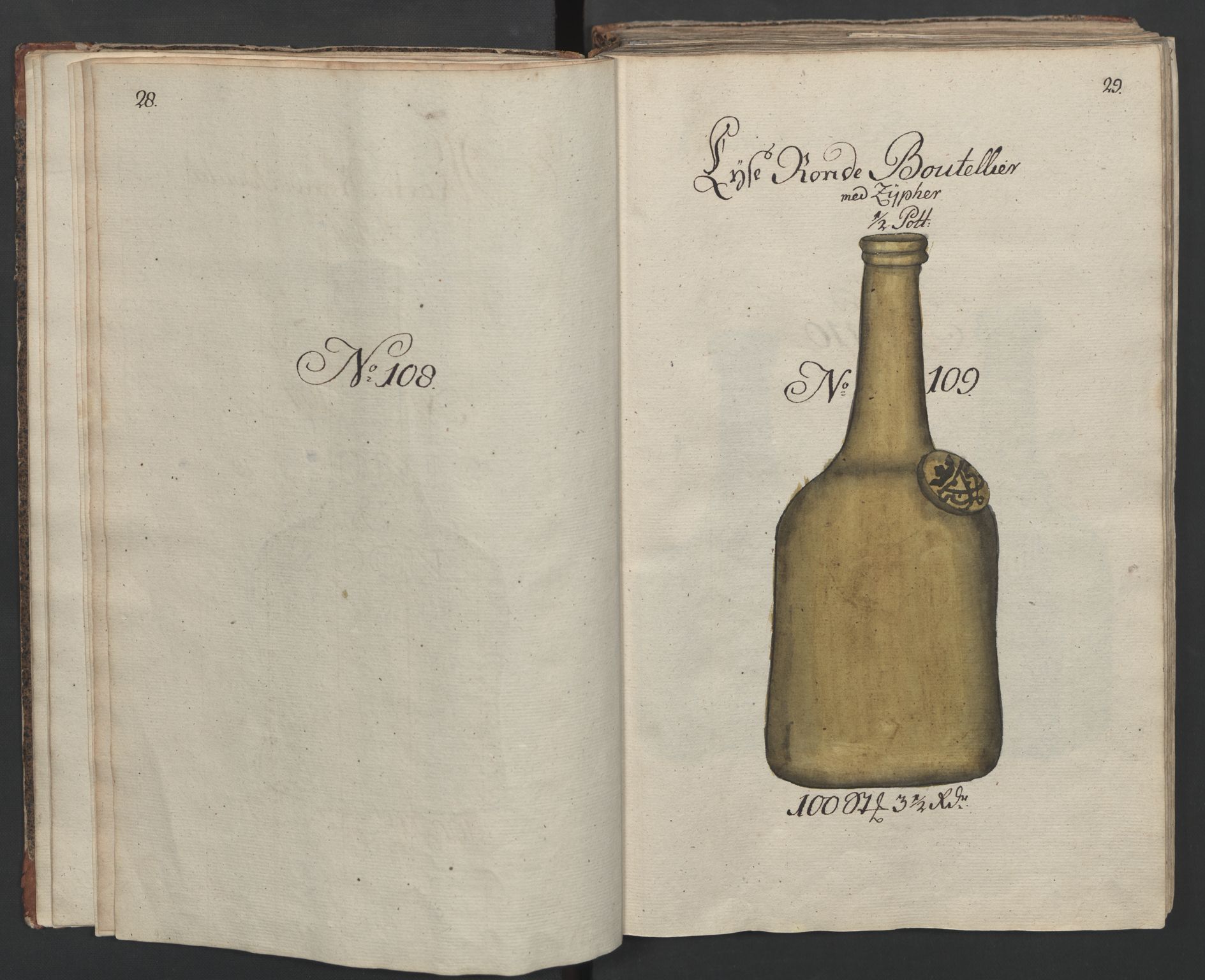 Glassverk, samlinger, AV/RA-PA-0001/F/Fa/L0036: Modellbok for Nøstetangens og Aas' produkter med prisangivelse,, 1763, p. 28-29