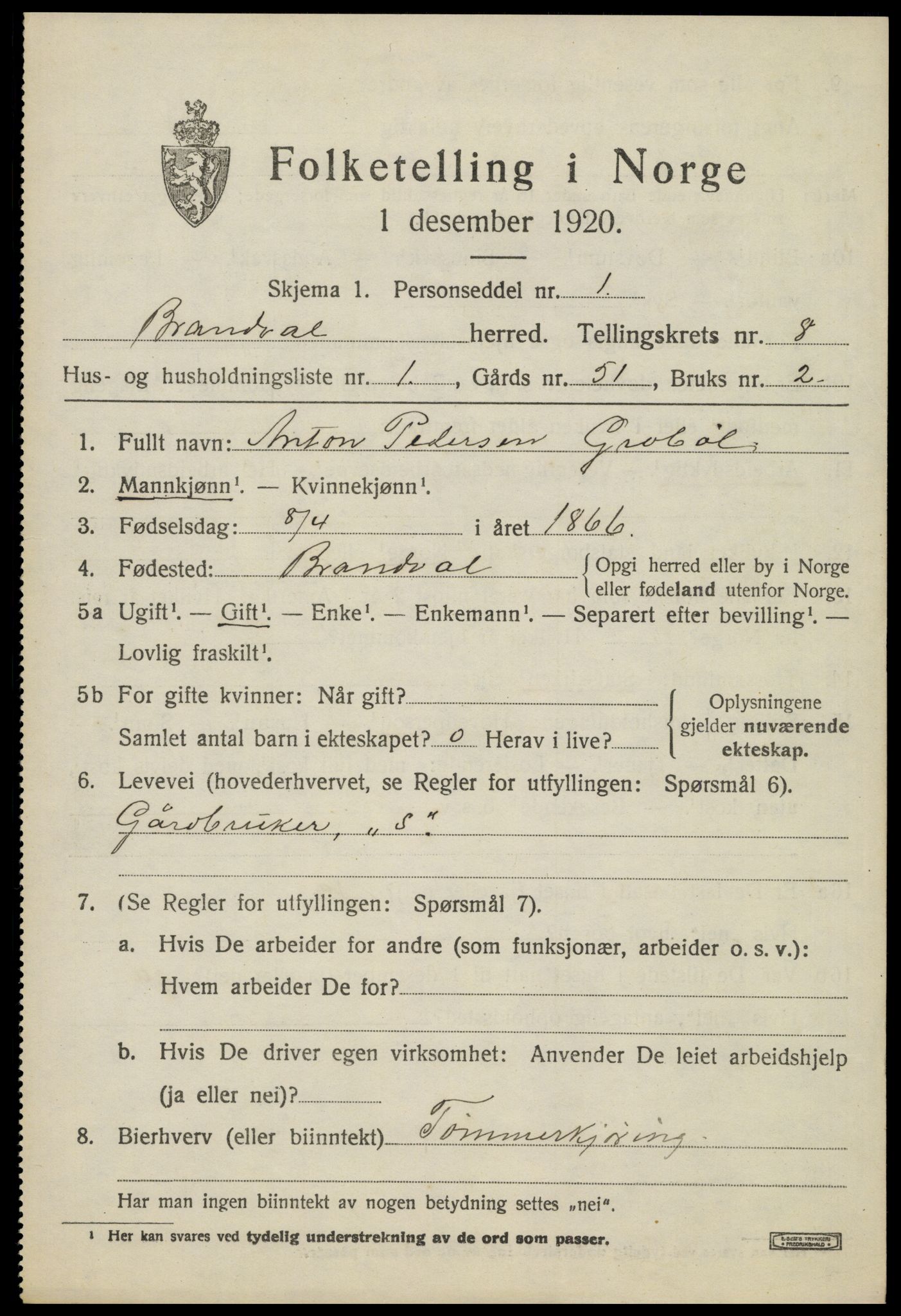 SAH, 1920 census for Brandval, 1920, p. 6634