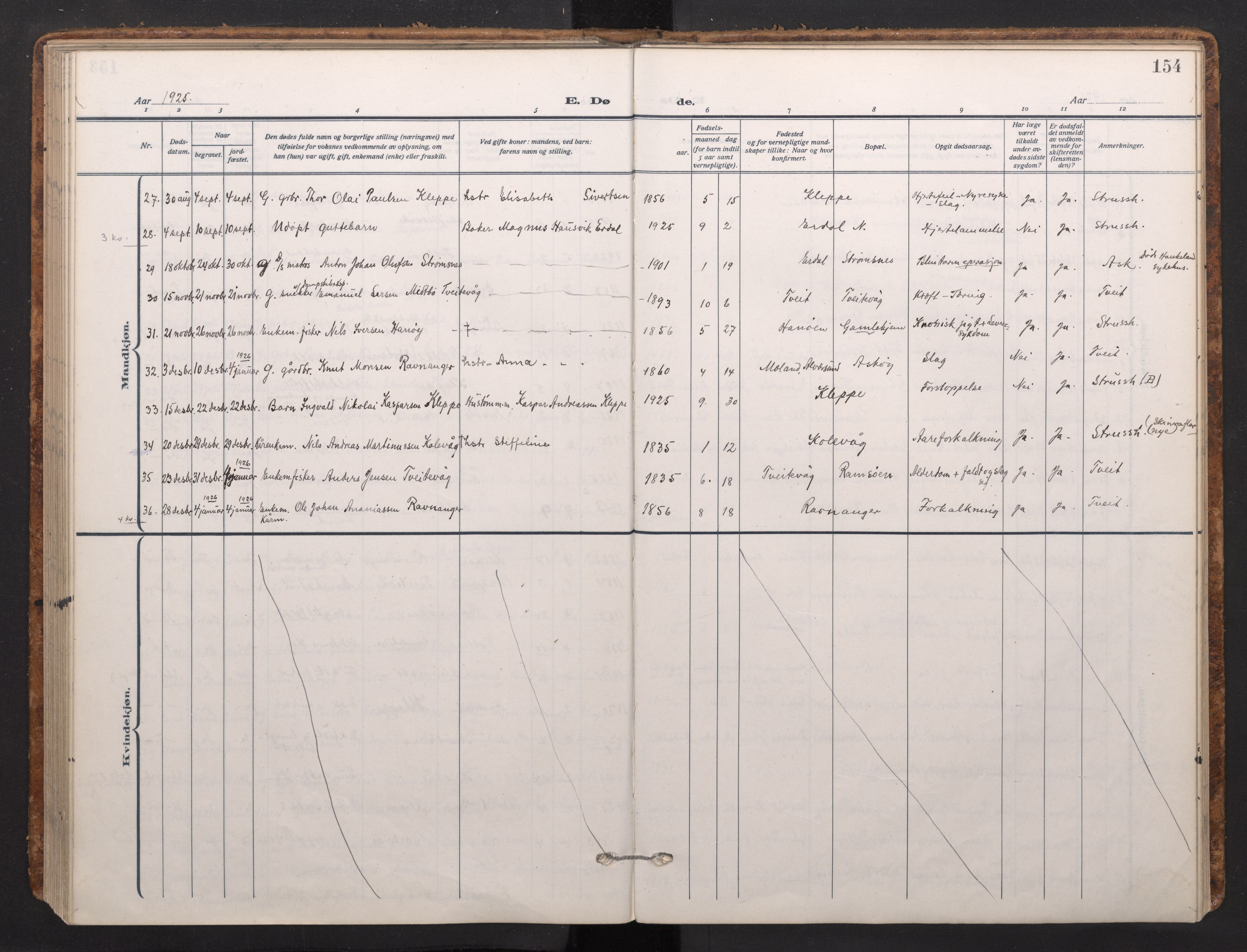 Askøy Sokneprestembete, AV/SAB-A-74101/H/Ha/Haa/Haad/L0002: Parish register (official) no. D 2, 1915-1935, p. 154