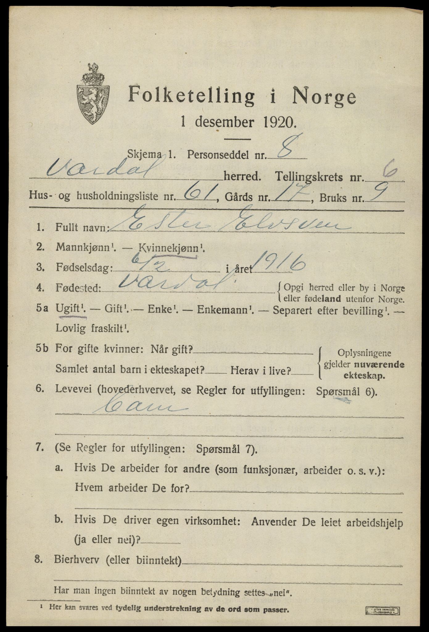 SAH, 1920 census for Vardal, 1920, p. 4581