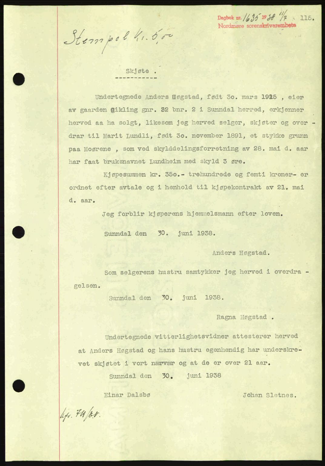 Nordmøre sorenskriveri, AV/SAT-A-4132/1/2/2Ca: Mortgage book no. A84, 1938-1938, Diary no: : 1635/1938