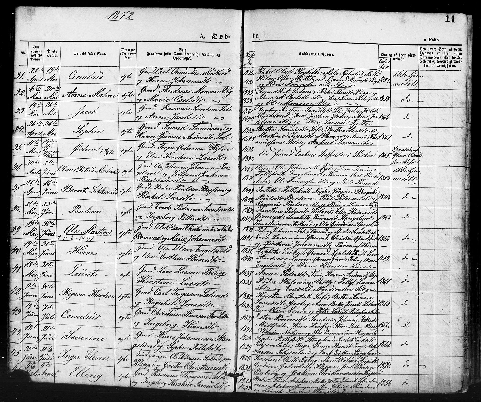 Klepp sokneprestkontor, AV/SAST-A-101803/001/3/30BA/L0006: Parish register (official) no. A 6, 1871-1885, p. 11