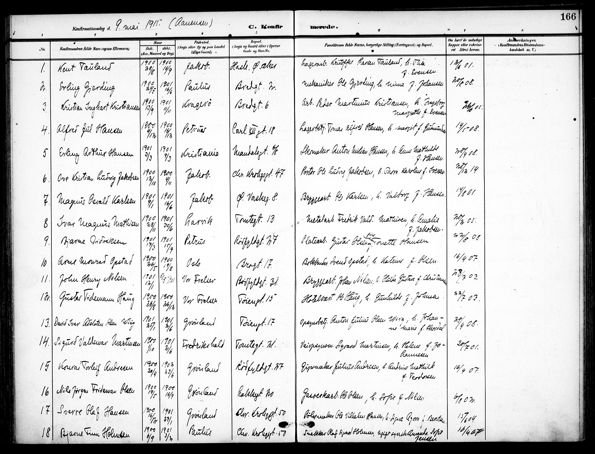 Vaterland prestekontor Kirkebøker, AV/SAO-A-10880/F/Fa/L0001: Parish register (official) no. 1, 1907-1930, p. 166