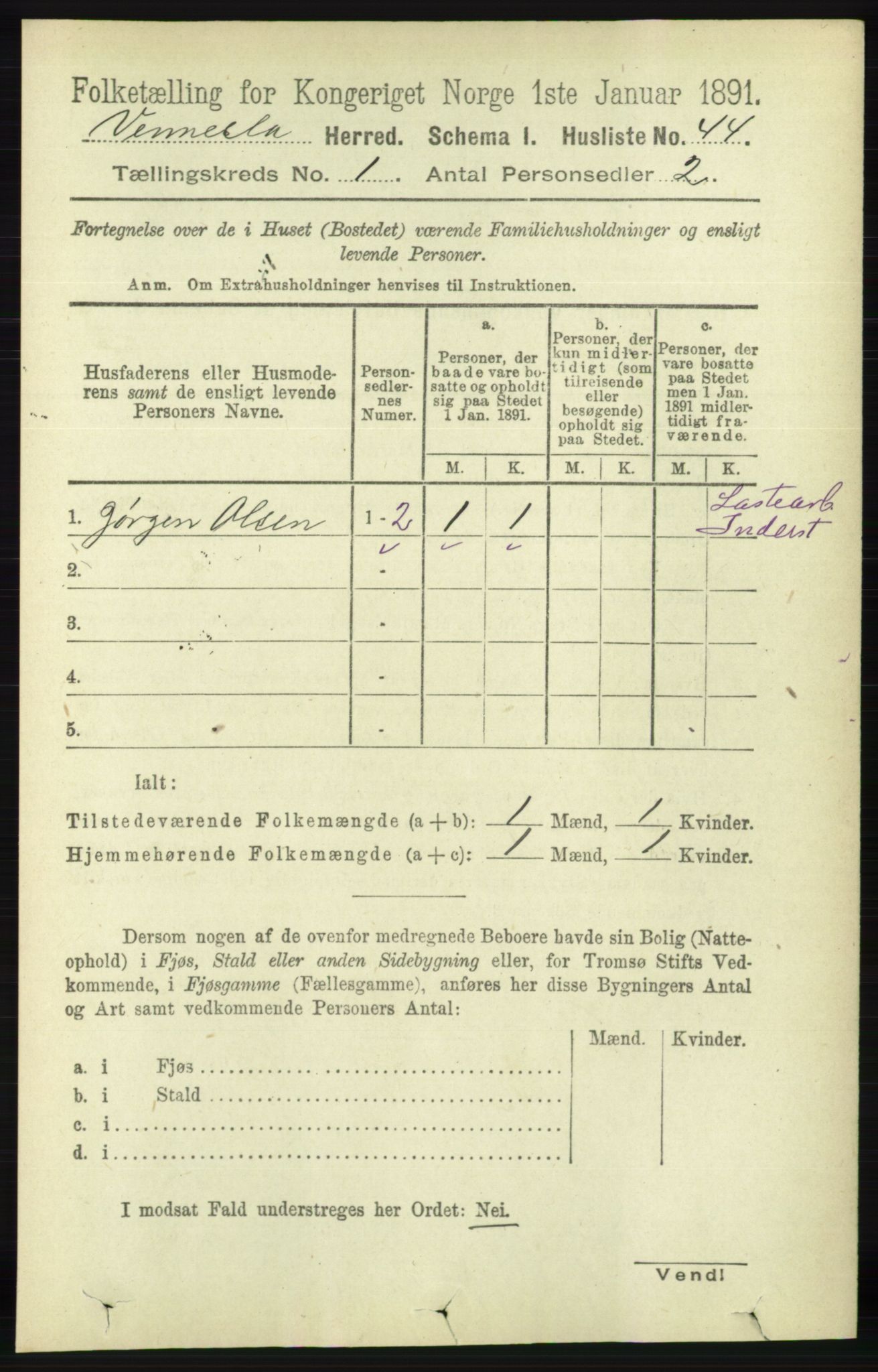 RA, 1891 census for 1014 Vennesla, 1891, p. 61