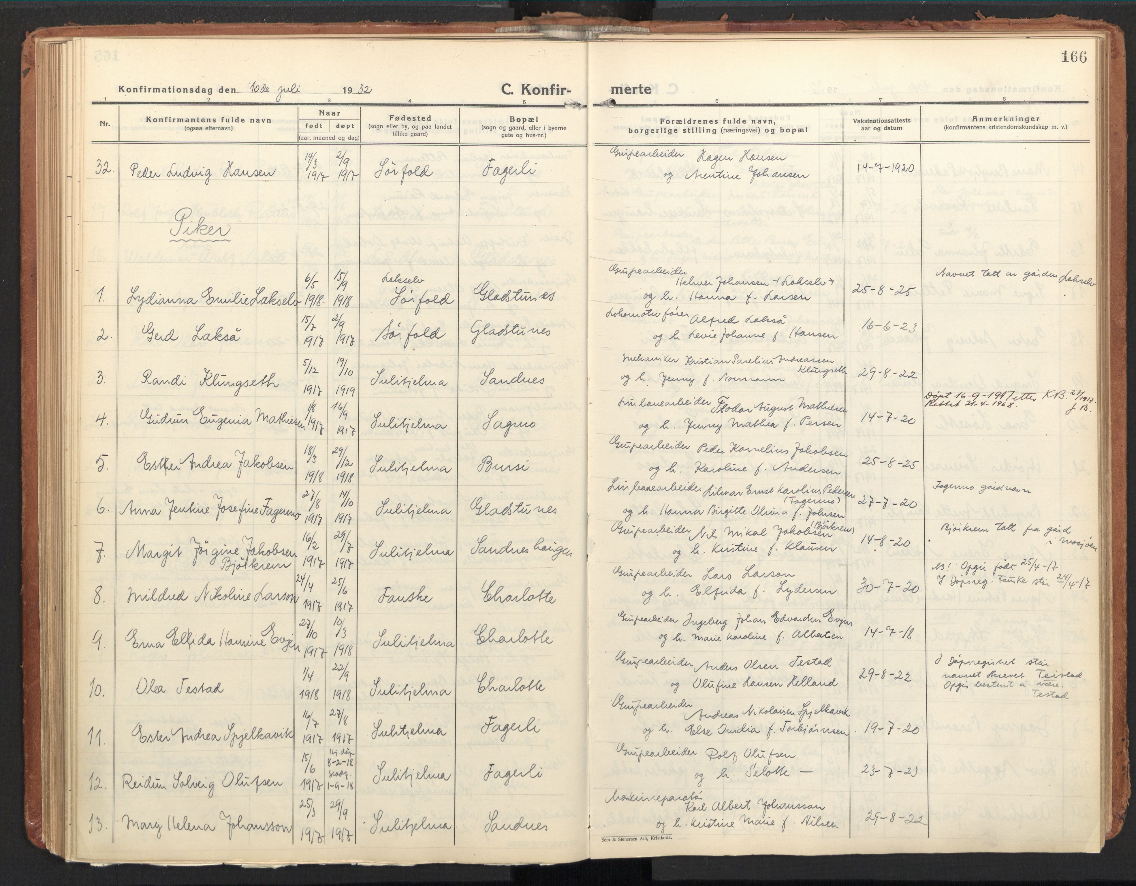 Ministerialprotokoller, klokkerbøker og fødselsregistre - Nordland, AV/SAT-A-1459/850/L0716: Curate's parish register no. 850B06, 1924-1938, p. 166