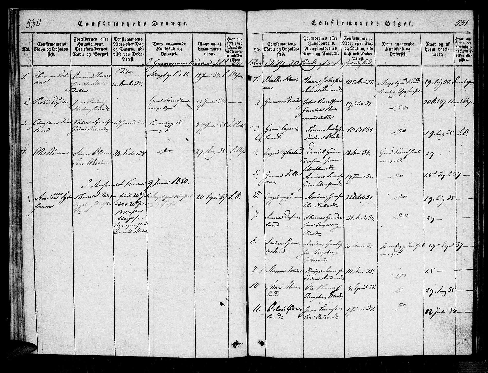 Bjelland sokneprestkontor, SAK/1111-0005/F/Fa/Fab/L0002: Parish register (official) no. A 2, 1816-1869, p. 530-531