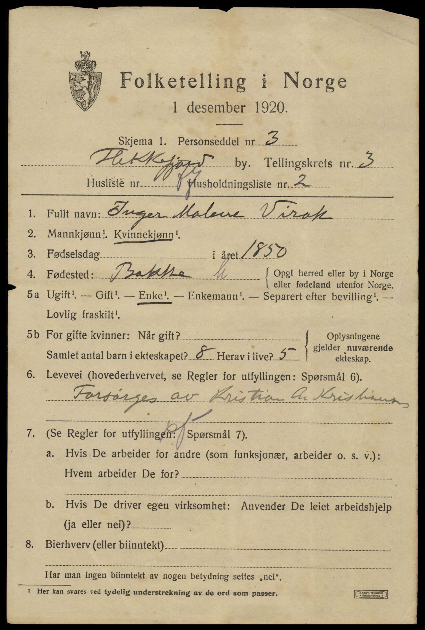 SAK, 1920 census for Flekkefjord, 1920, p. 4434