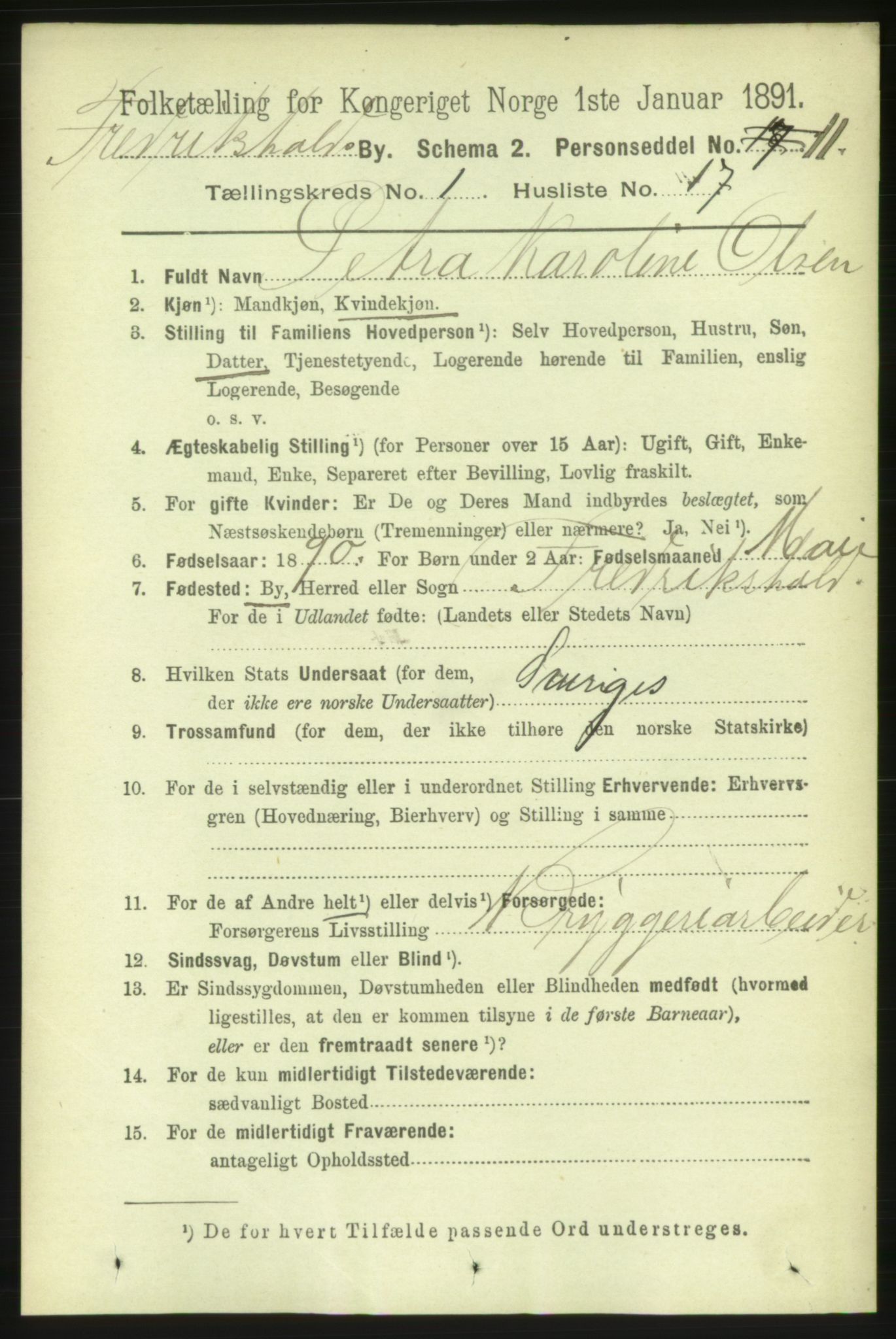 RA, 1891 census for 0101 Fredrikshald, 1891, p. 2074