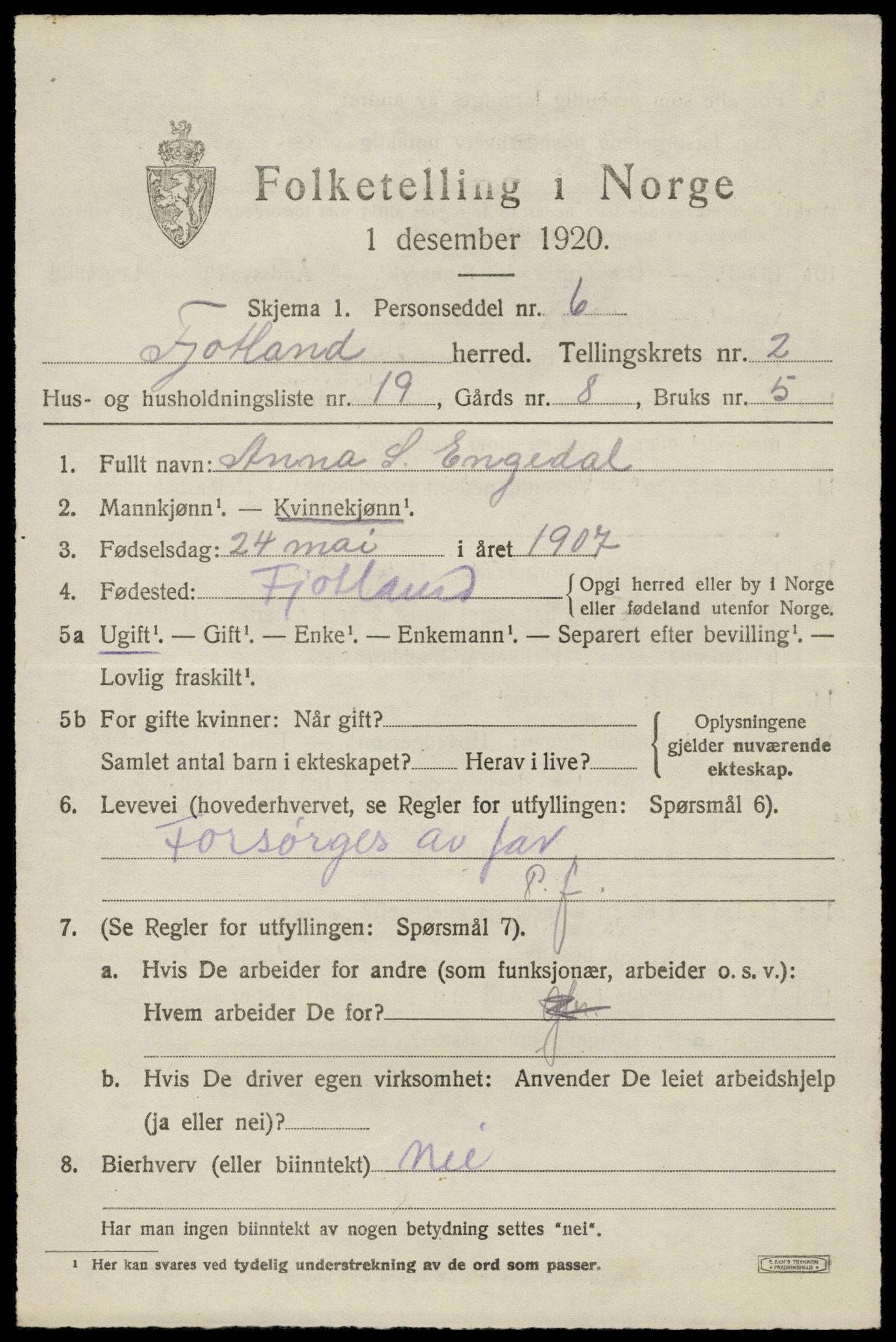 SAK, 1920 census for Fjotland, 1920, p. 886