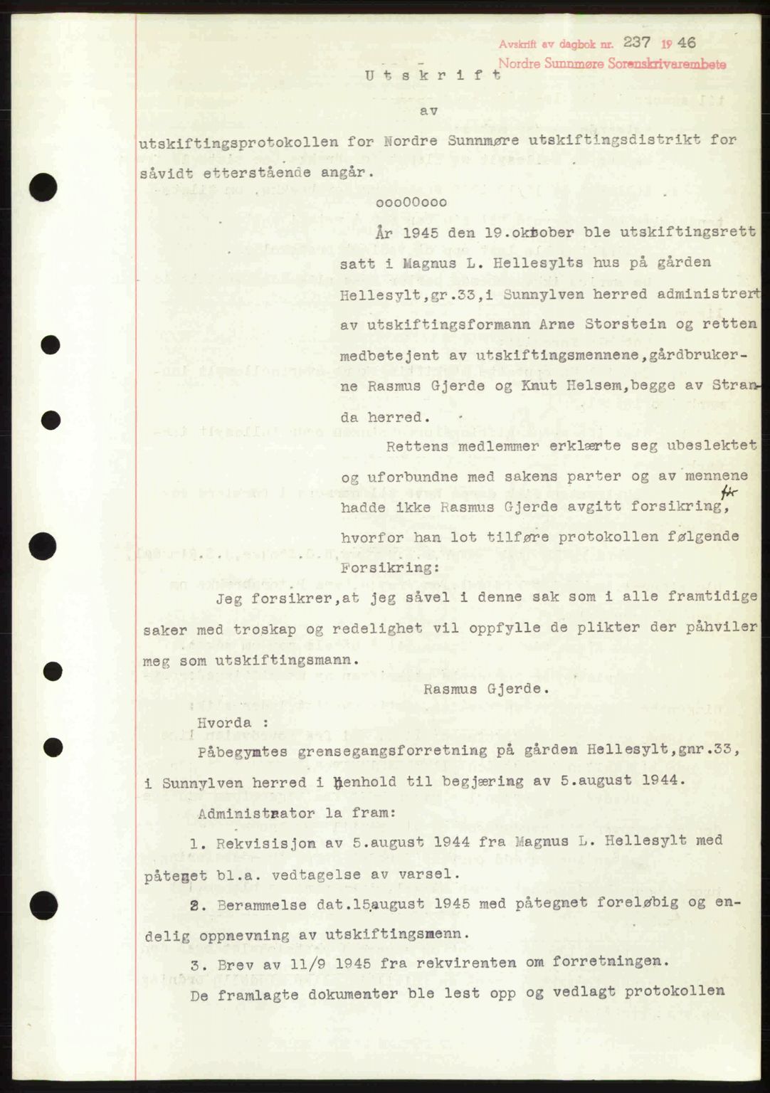 Nordre Sunnmøre sorenskriveri, AV/SAT-A-0006/1/2/2C/2Ca: Mortgage book no. A20b, 1946-1946, Diary no: : 237/1946