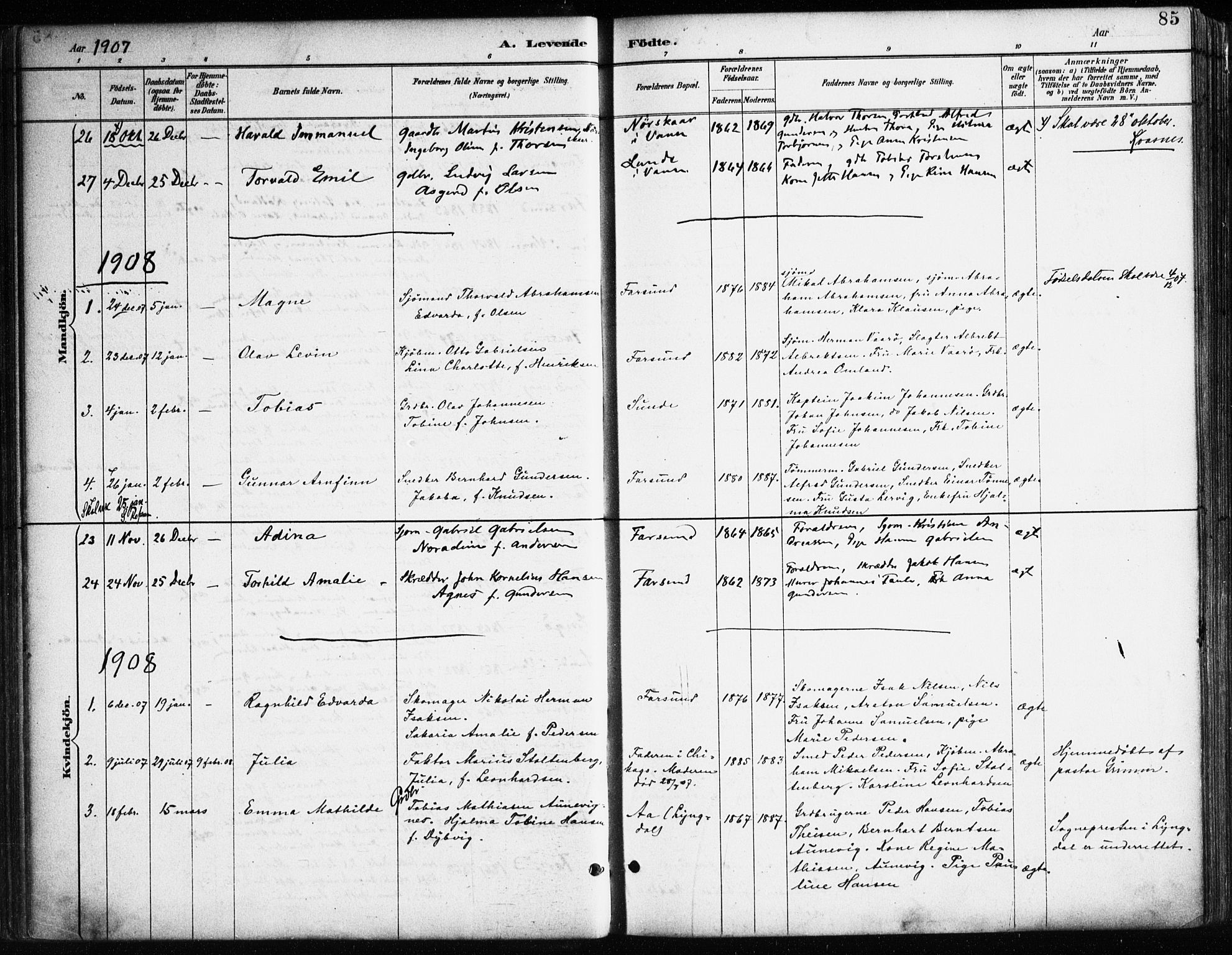 Farsund sokneprestkontor, SAK/1111-0009/F/Fa/L0006: Parish register (official) no. A 6, 1887-1920, p. 85
