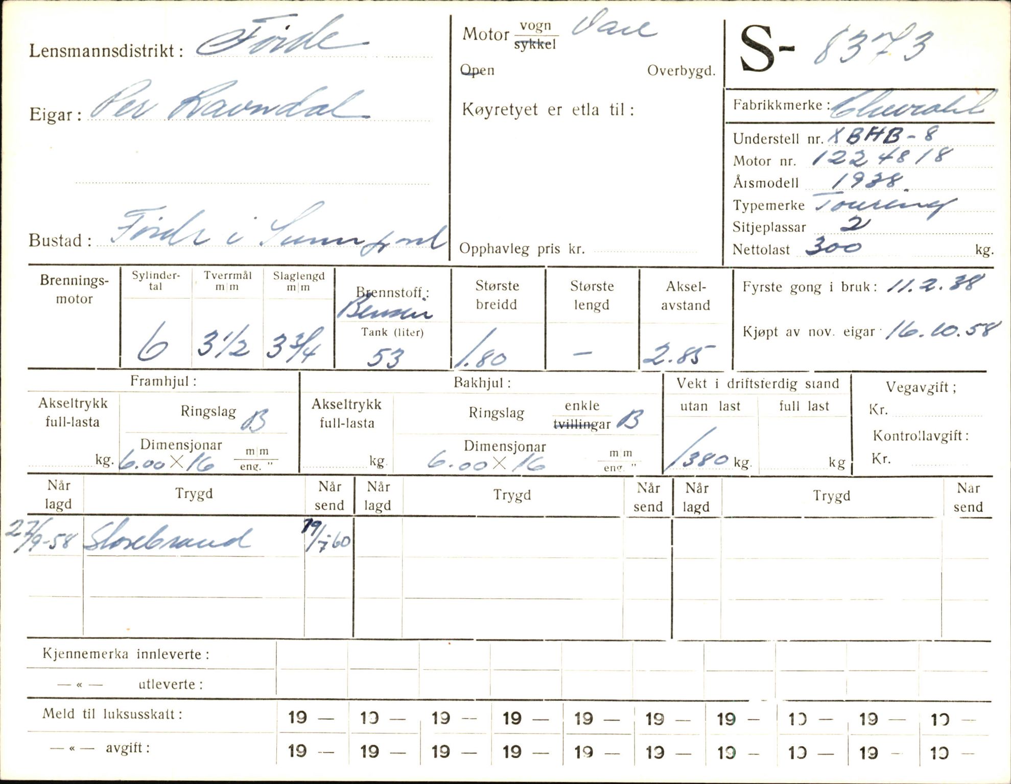 Statens vegvesen, Sogn og Fjordane vegkontor, AV/SAB-A-5301/4/F/L0006: Registerkort utmeldte Fjordane S8300-9500, 1930-1961, p. 114