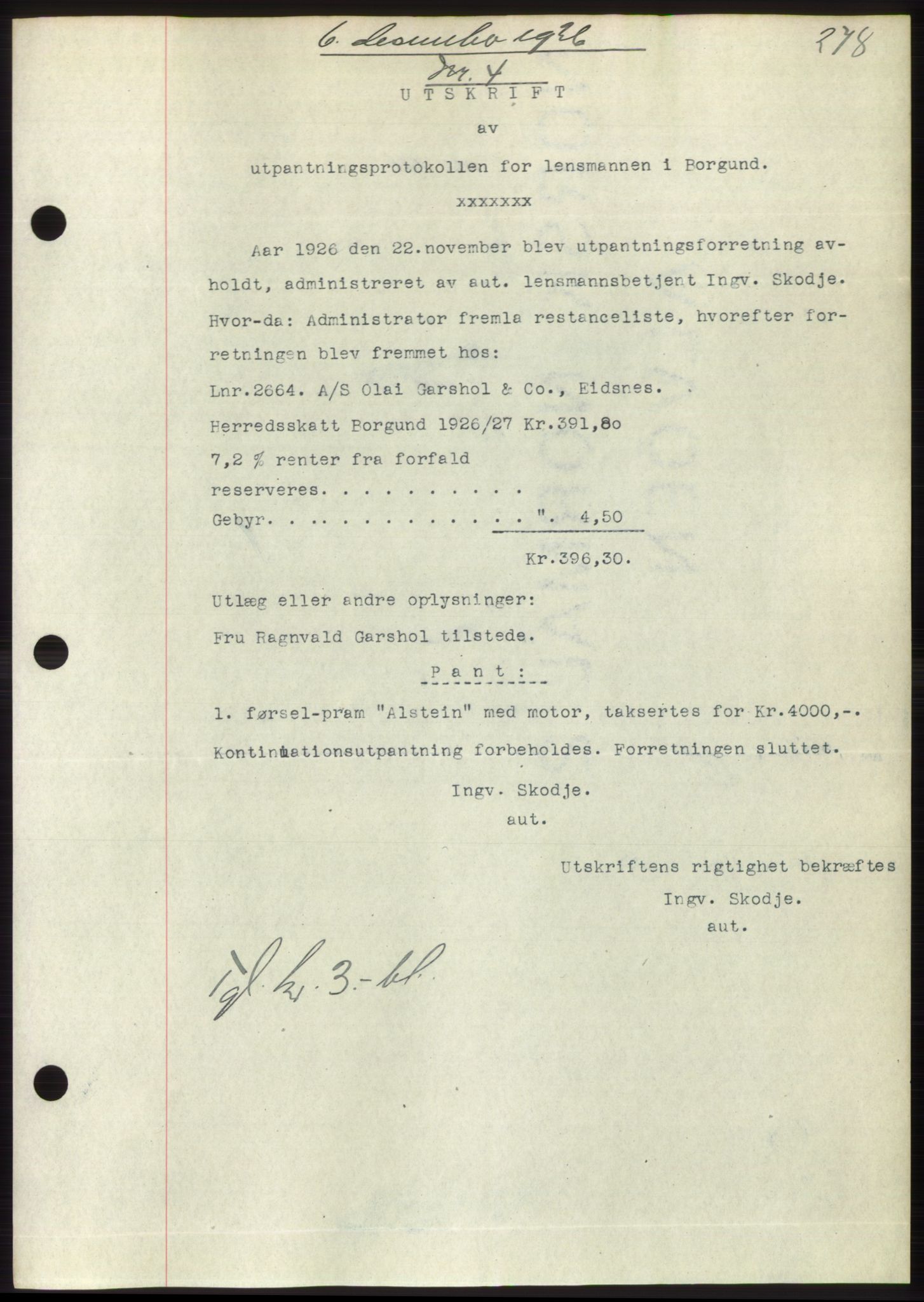 Nordre Sunnmøre sorenskriveri, AV/SAT-A-0006/1/2/2C/2Ca/L0035: Mortgage book no. 37, 1926-1926, Deed date: 06.12.1926