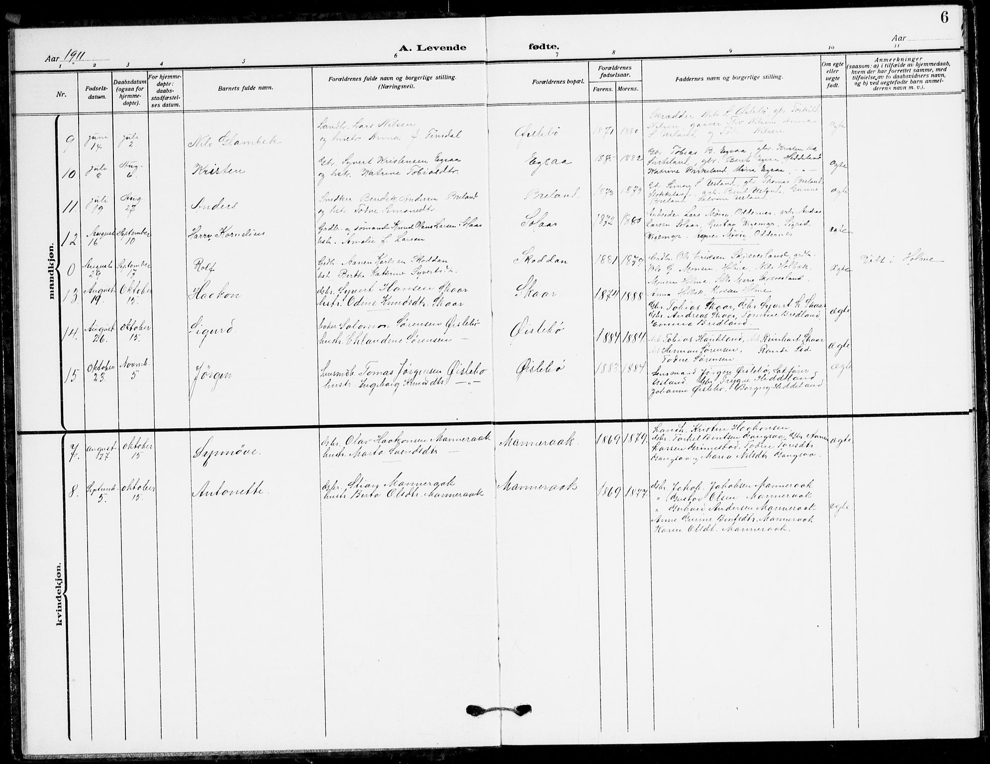 Holum sokneprestkontor, AV/SAK-1111-0022/F/Fb/Fbc/L0004: Parish register (copy) no. B 4, 1908-1930, p. 6