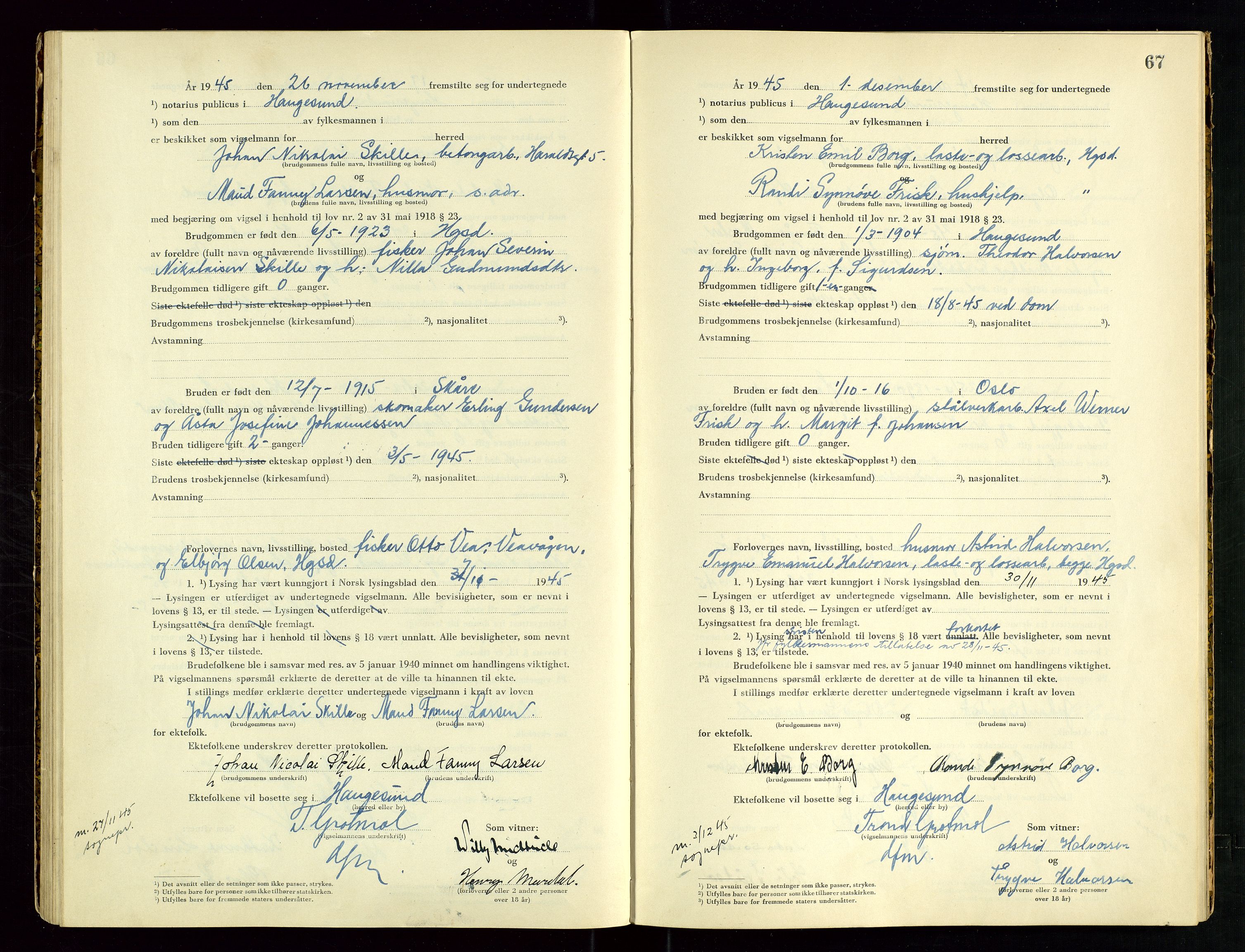 Haugesund tingrett, AV/SAST-A-101415/01/III/IIID/L0005: Vigselbok, 1944-1948, p. 67