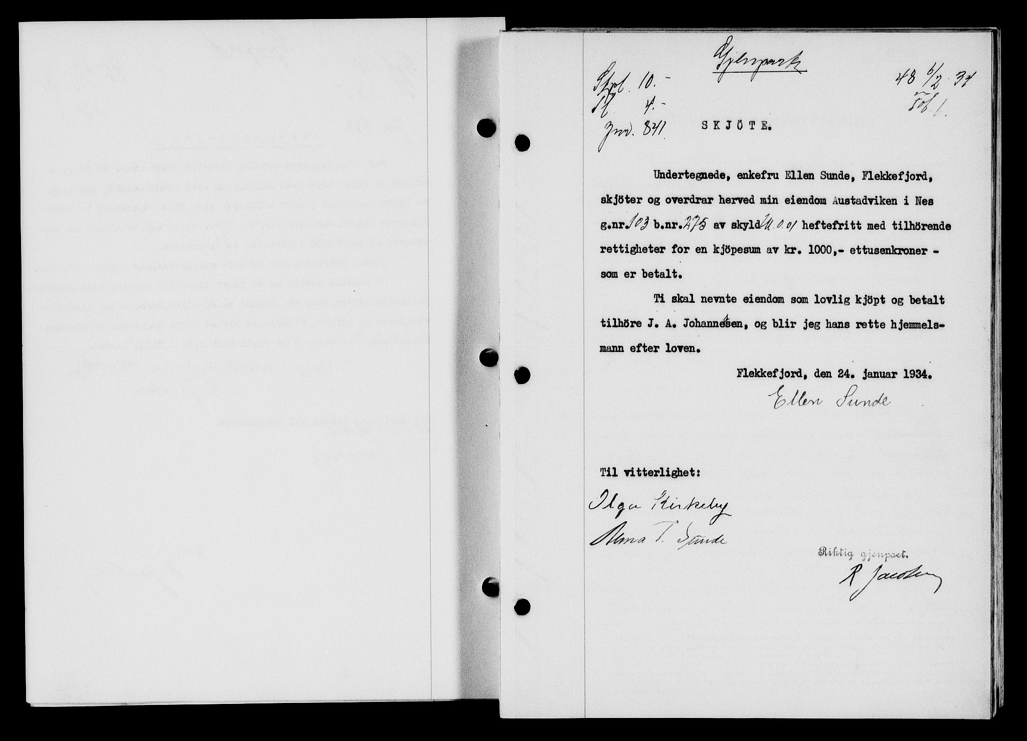 Flekkefjord sorenskriveri, SAK/1221-0001/G/Gb/Gba/L0049: Mortgage book no. 46, 1933-1934, Deed date: 06.02.1934