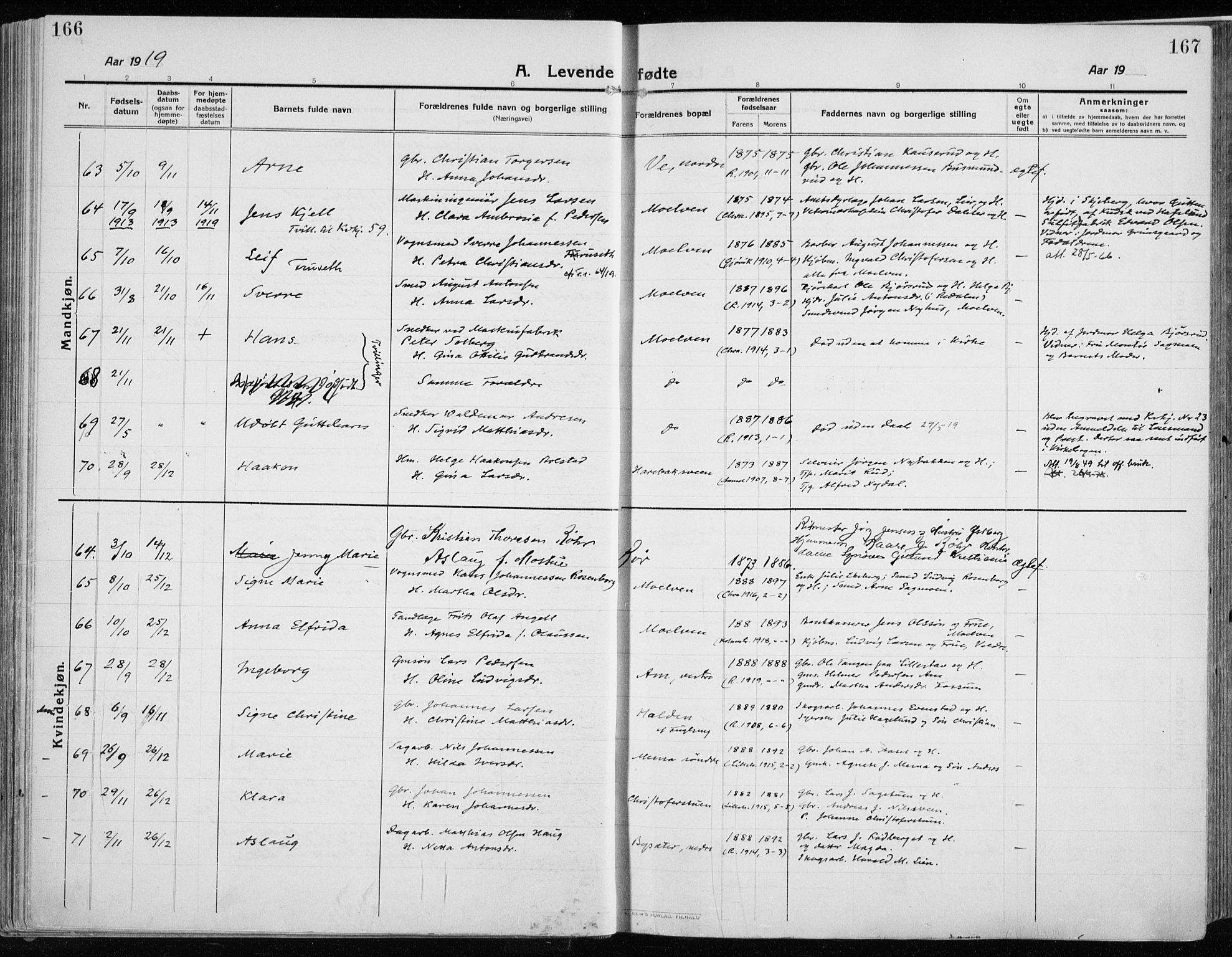 Ringsaker prestekontor, AV/SAH-PREST-014/K/Ka/L0020: Parish register (official) no. 20, 1913-1922, p. 166-167