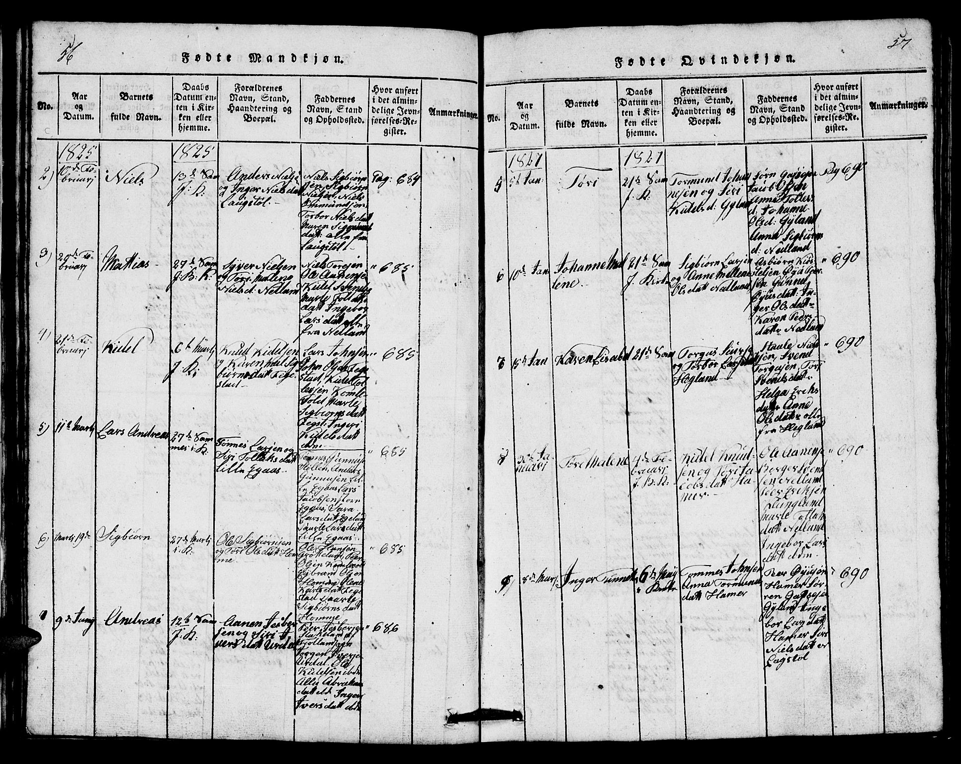 Bakke sokneprestkontor, SAK/1111-0002/F/Fb/Fbb/L0001: Parish register (copy) no. B 1, 1815-1835, p. 56-57