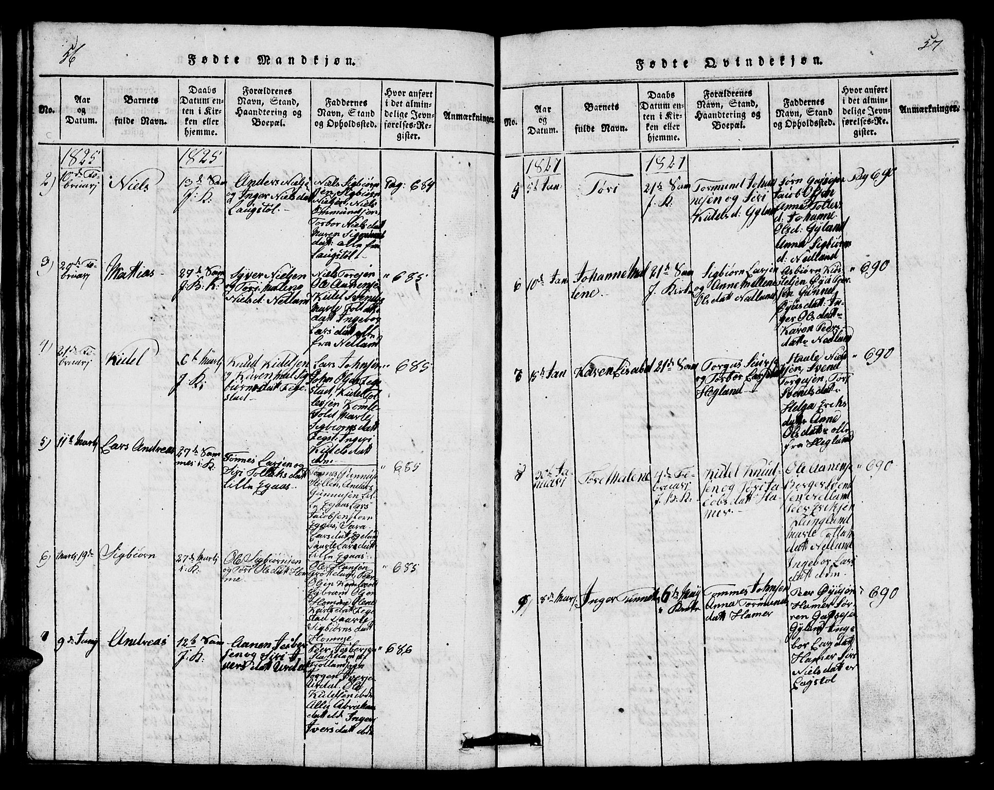 Bakke sokneprestkontor, AV/SAK-1111-0002/F/Fb/Fbb/L0001: Parish register (copy) no. B 1, 1815-1835, p. 56-57