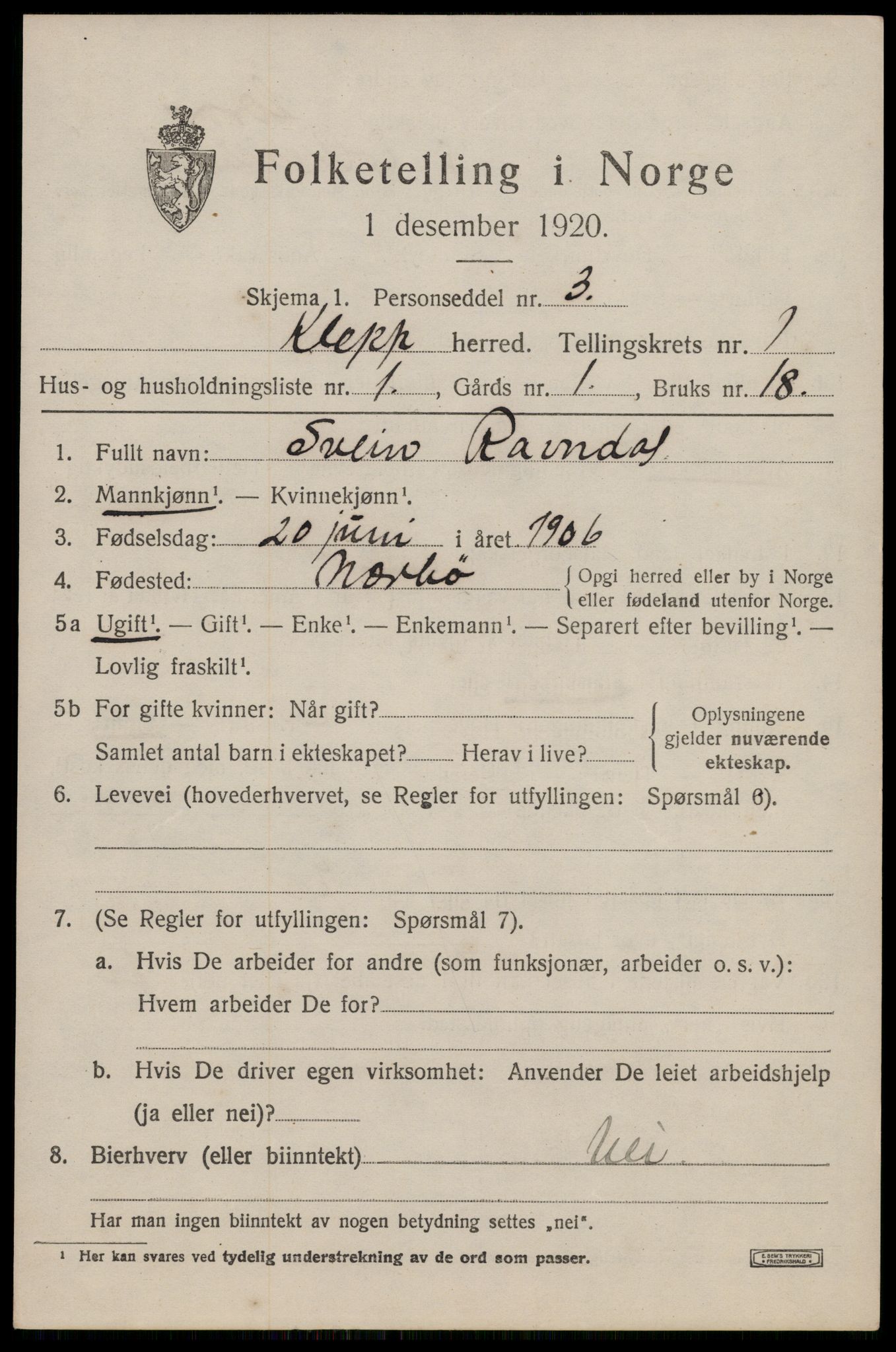 SAST, 1920 census for Klepp, 1920, p. 1192
