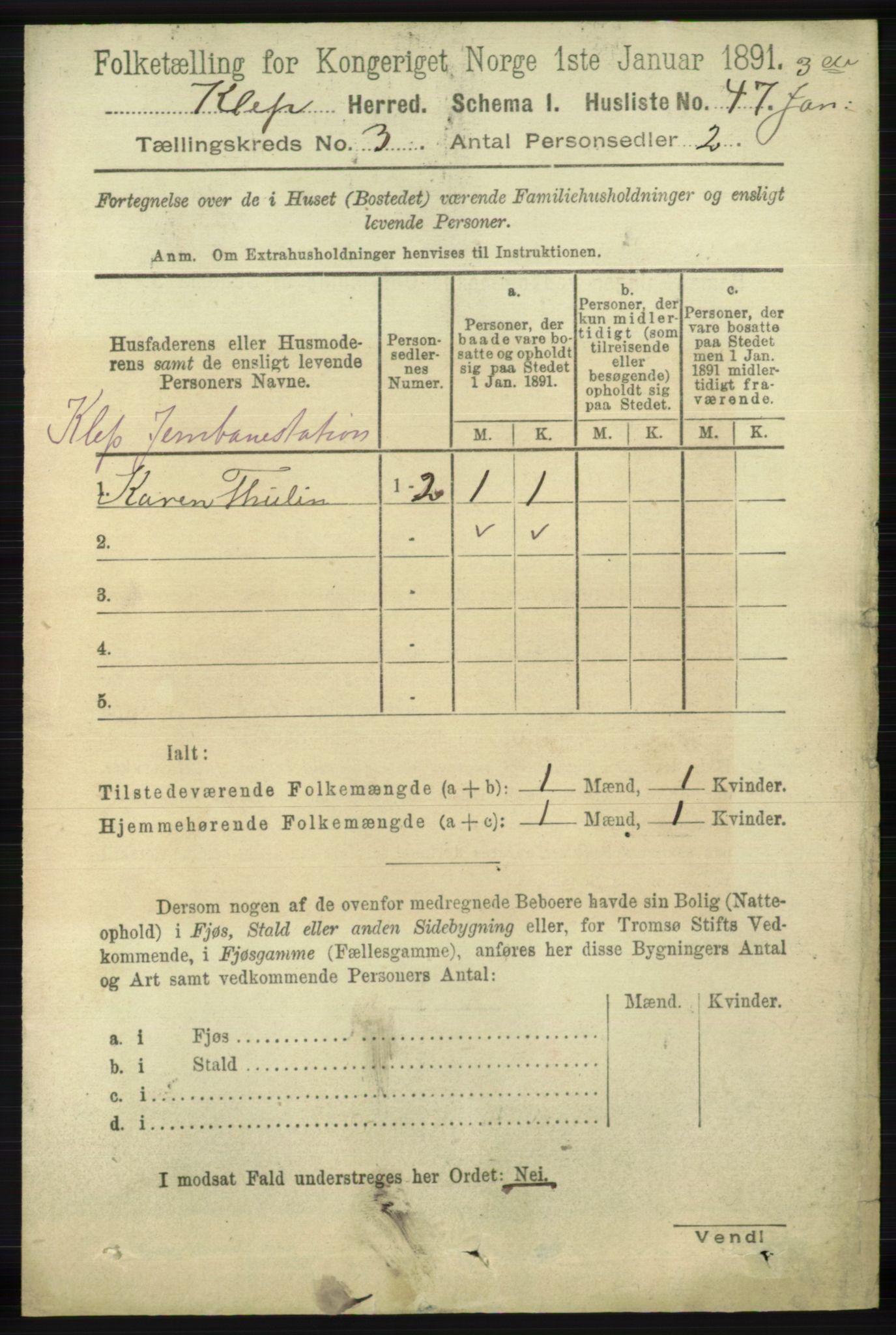RA, 1891 census for 1120 Klepp, 1891, p. 638