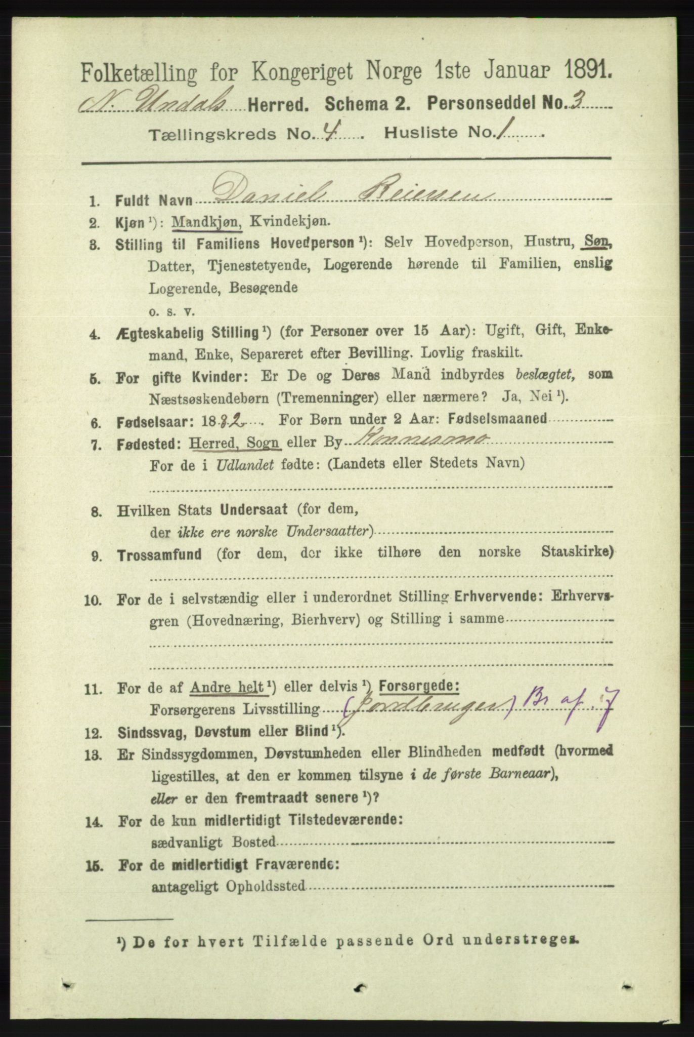 RA, 1891 census for 1028 Nord-Audnedal, 1891, p. 1097