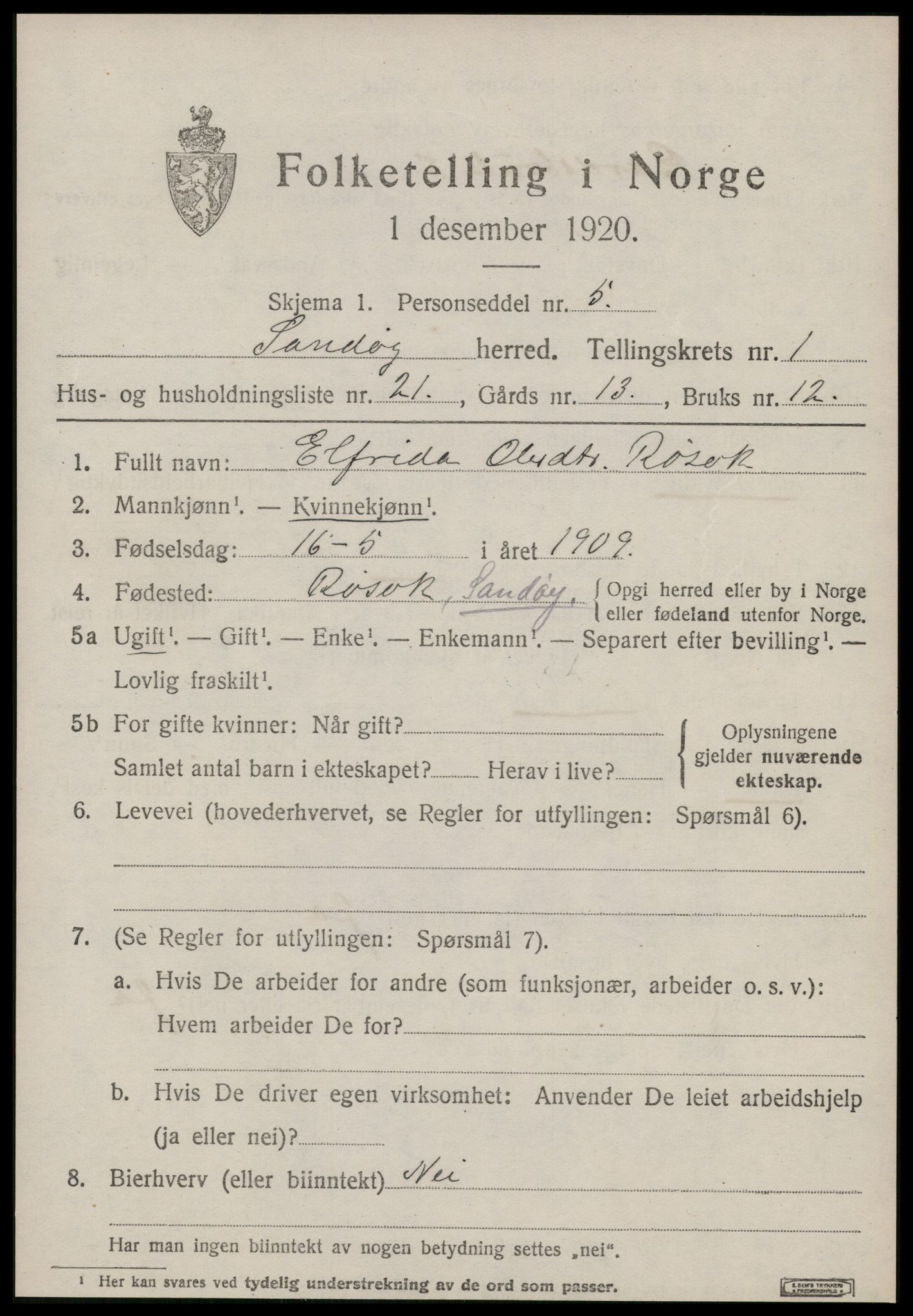 SAT, 1920 census for Sandøy, 1920, p. 630