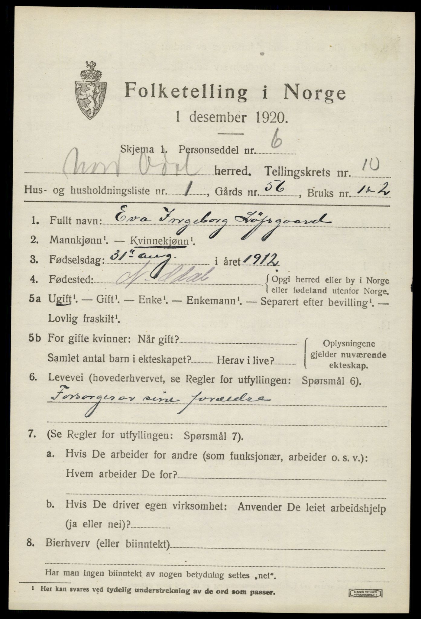 SAH, 1920 census for Nord-Odal, 1920, p. 10883