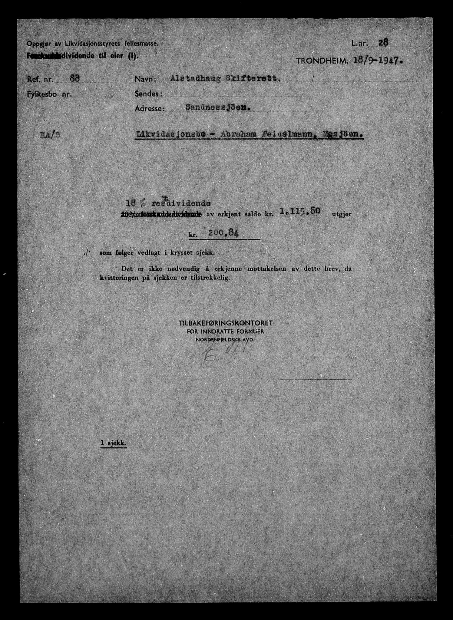 Justisdepartementet, Tilbakeføringskontoret for inndratte formuer, AV/RA-S-1564/H/Hc/Hcb/L0912: --, 1945-1947, p. 5