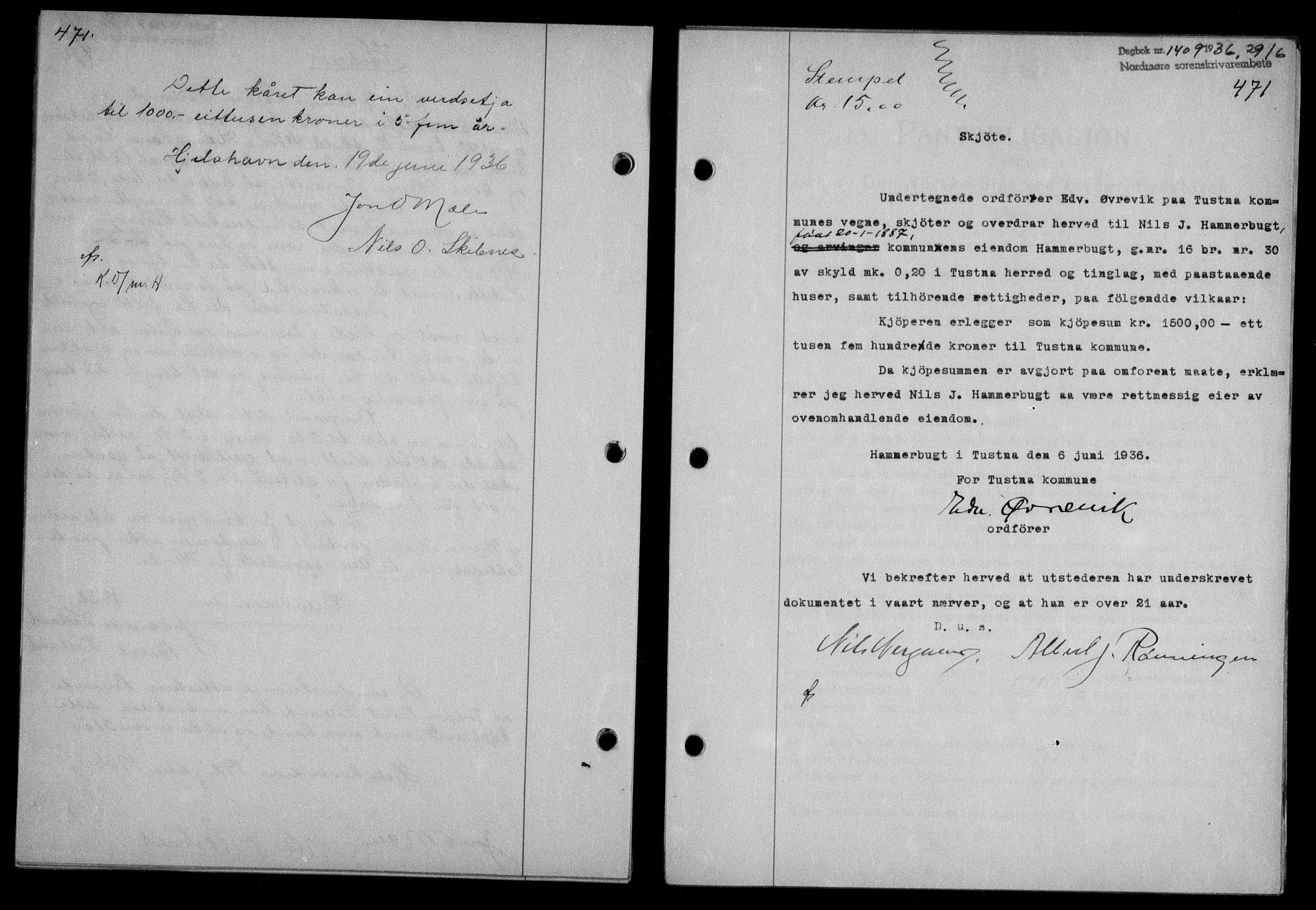 Nordmøre sorenskriveri, AV/SAT-A-4132/1/2/2Ca/L0088: Mortgage book no. 78, 1936-1936, Diary no: : 1409/1936