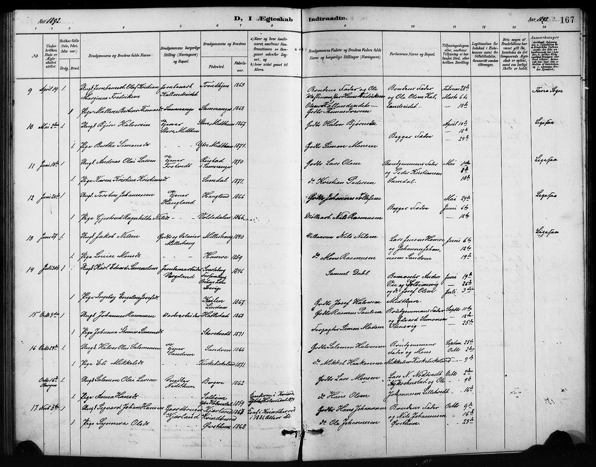 Birkeland Sokneprestembete, SAB/A-74601/H/Hab: Parish register (copy) no. A 4, 1888-1897, p. 167