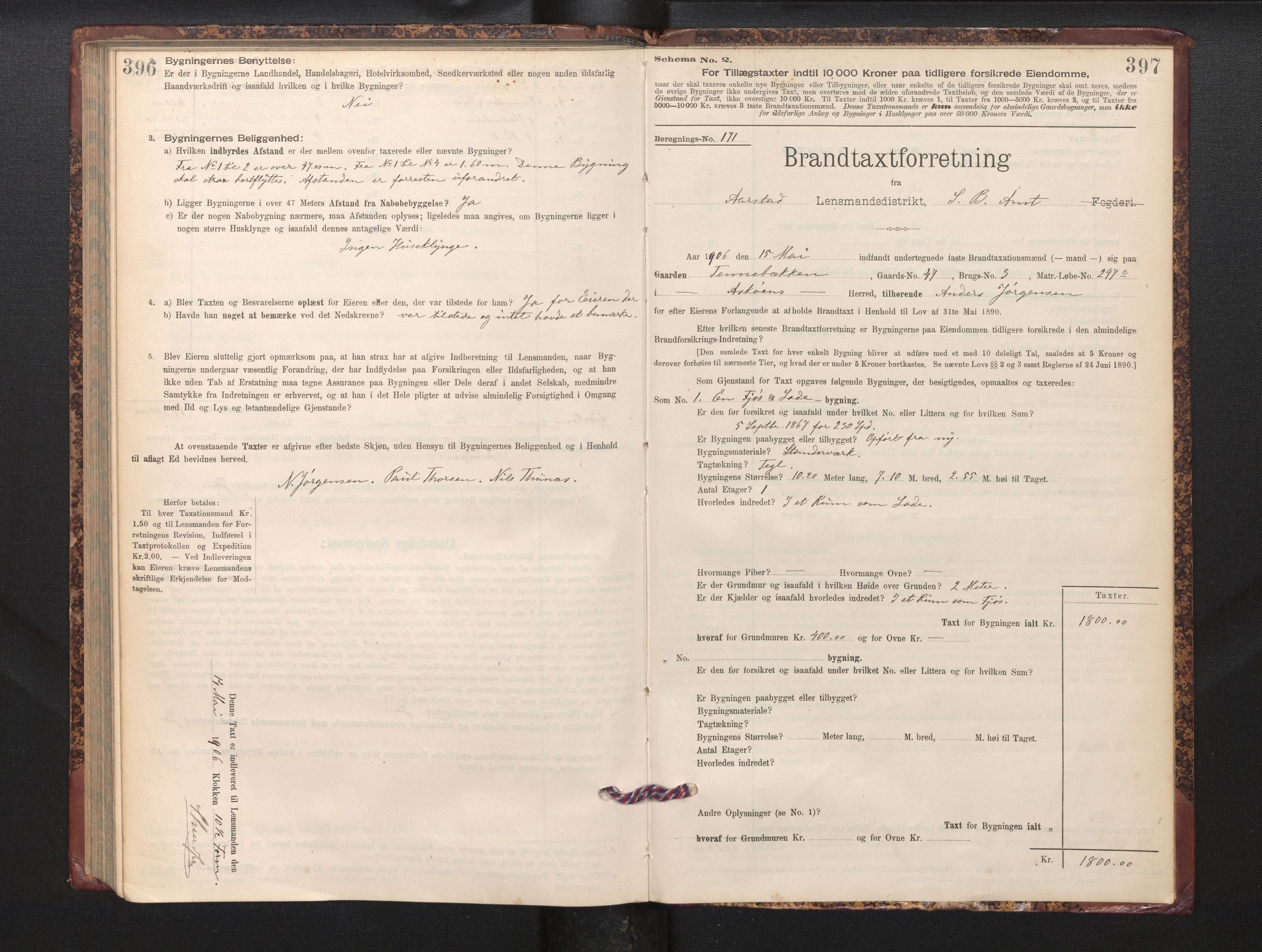 Lensmannen i Årstad, AV/SAB-A-36201/0012/L0012: Branntakstprotokoll,skjematakst, 1898-1906, p. 396-397