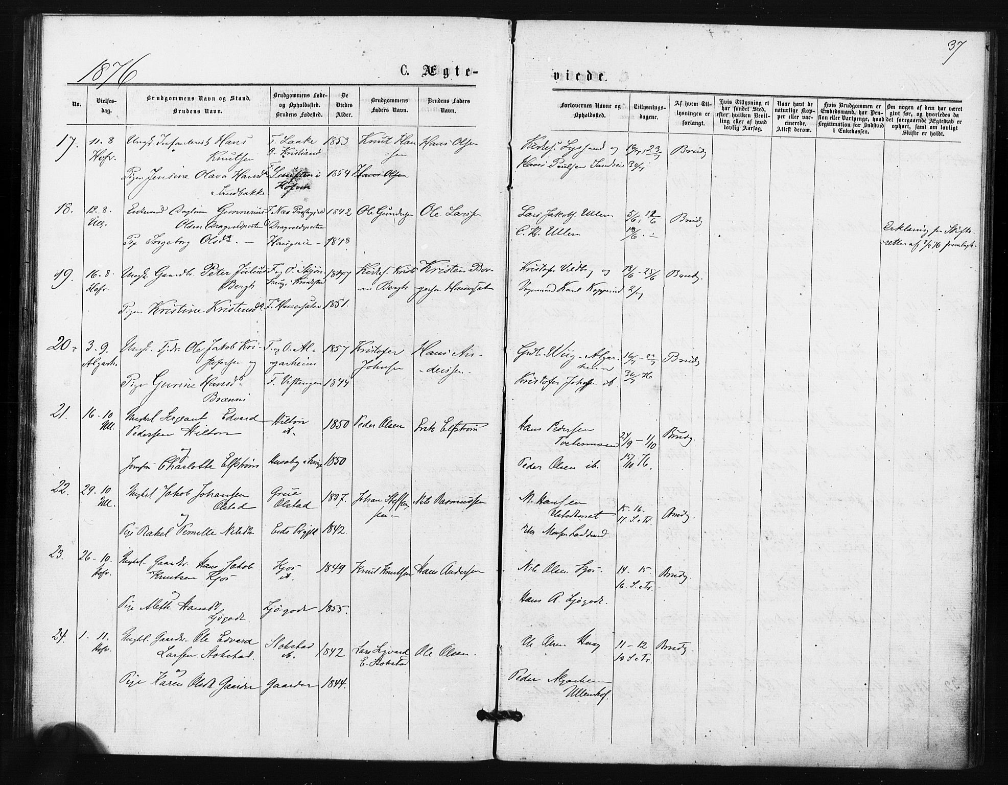 Ullensaker prestekontor Kirkebøker, AV/SAO-A-10236a/F/Fa/L0018: Parish register (official) no. I 18, 1876-1877, p. 37