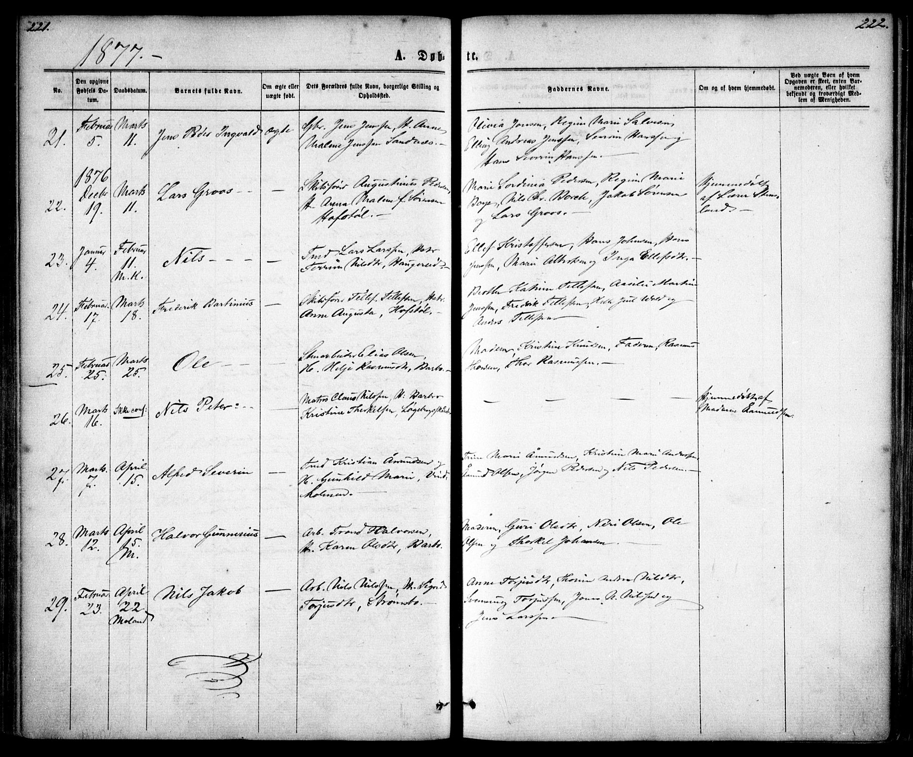 Tromøy sokneprestkontor, AV/SAK-1111-0041/F/Fa/L0008: Parish register (official) no. A 8, 1870-1877, p. 221-222