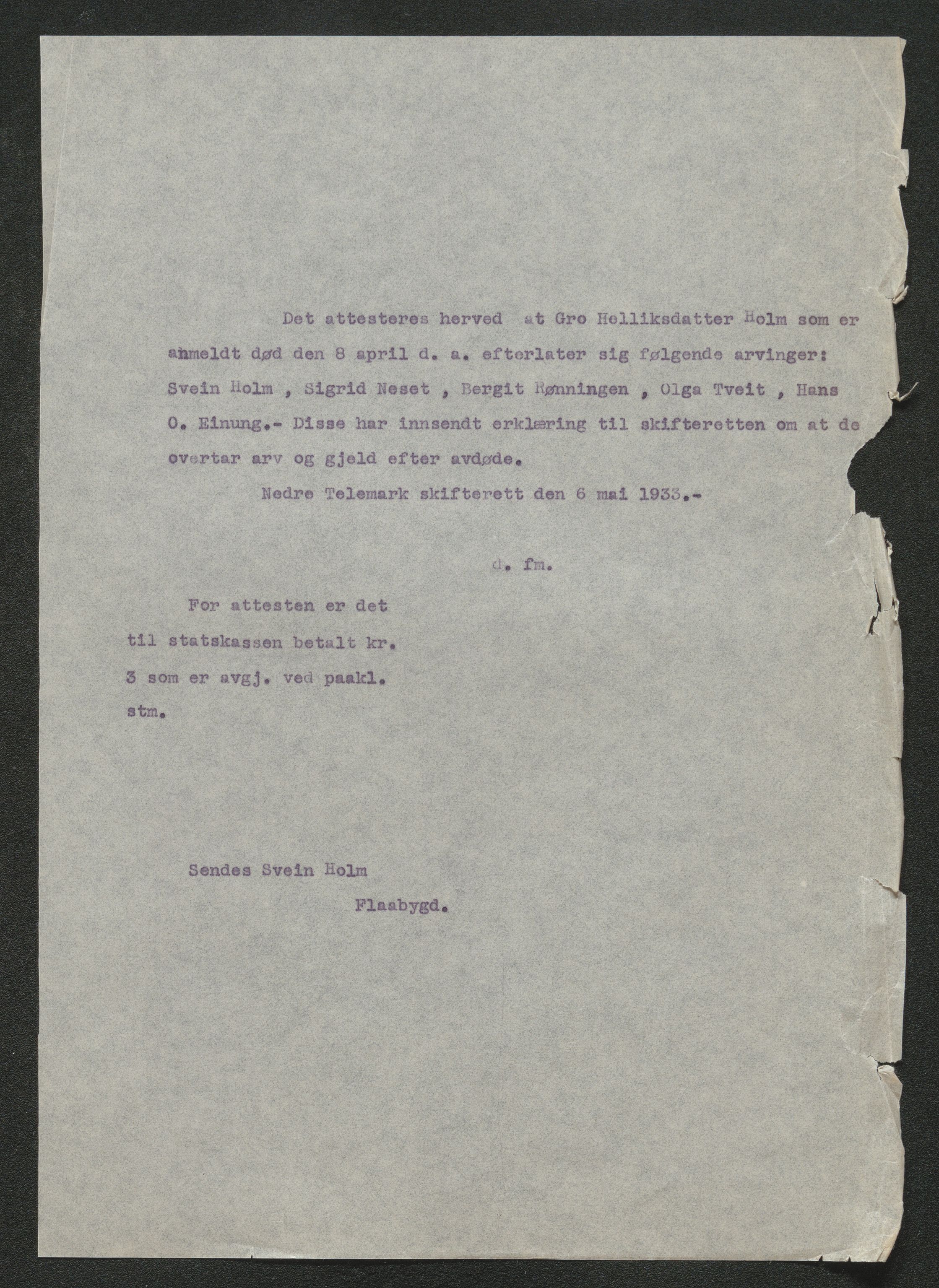 Nedre Telemark sorenskriveri, SAKO/A-135/H/Ha/Hab/L0008: Dødsfallsfortegnelser
, 1931-1935, p. 767