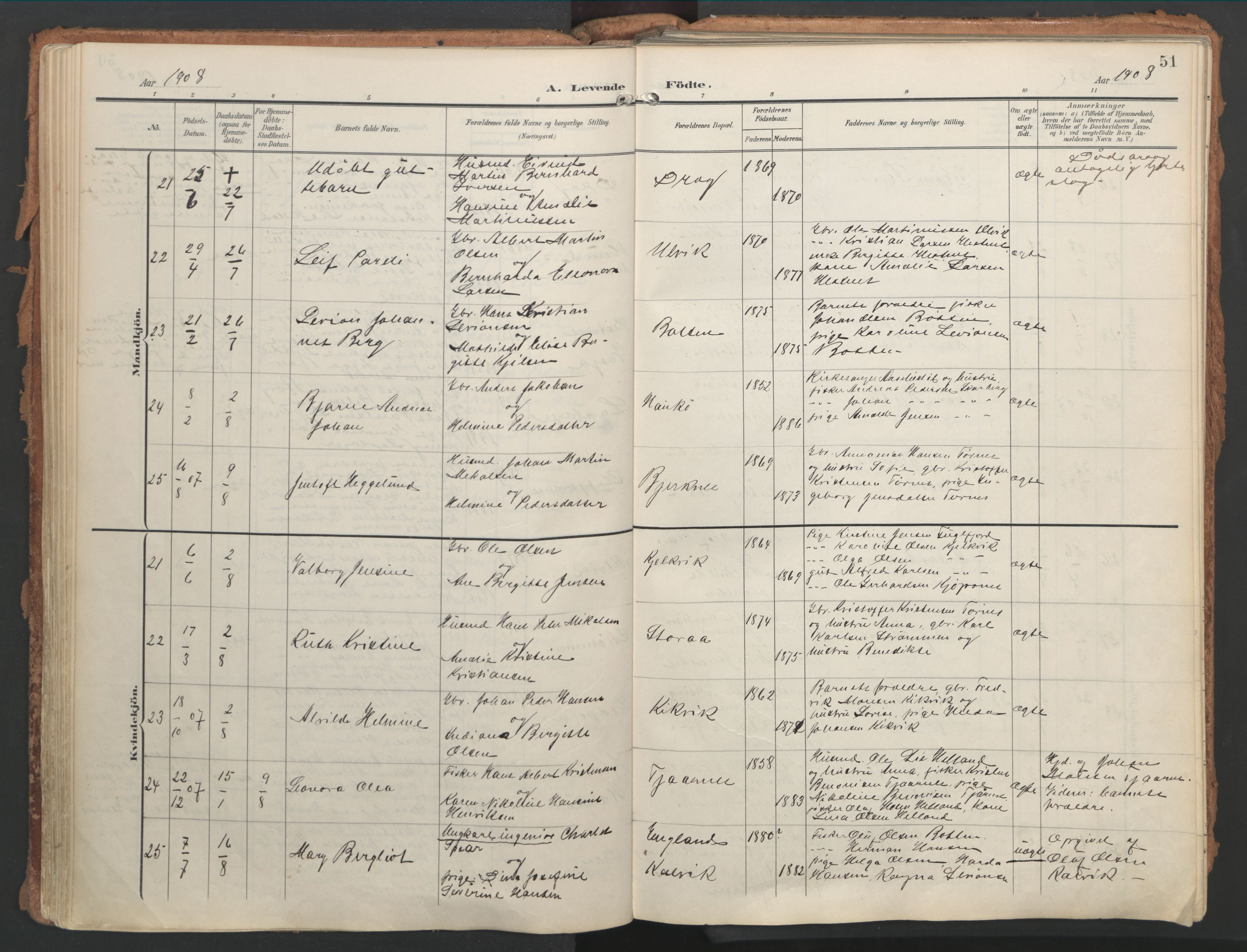 Ministerialprotokoller, klokkerbøker og fødselsregistre - Nordland, AV/SAT-A-1459/861/L0871: Parish register (official) no. 861A06, 1903-1916, p. 51