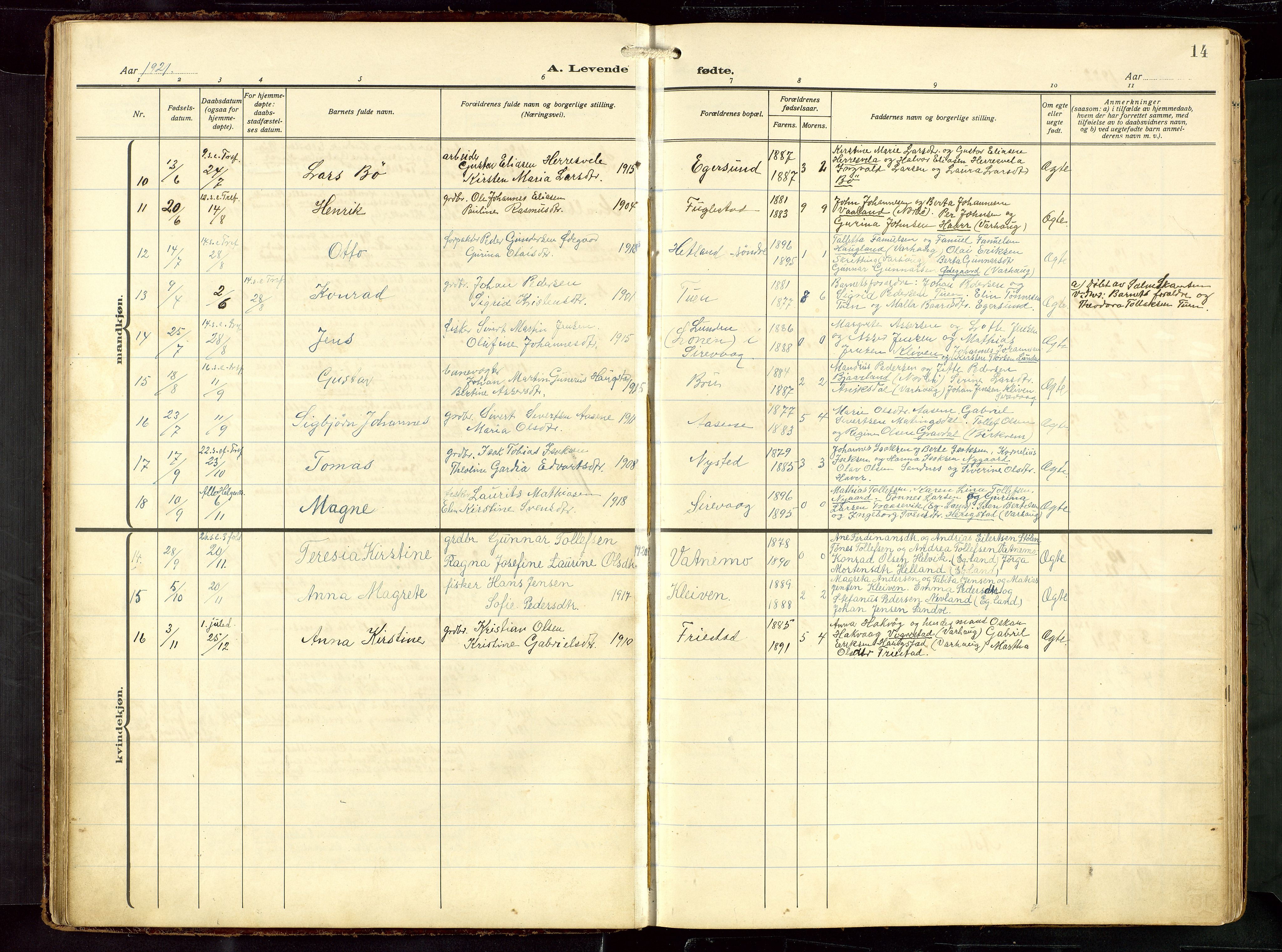 Eigersund sokneprestkontor, AV/SAST-A-101807/S09: Parish register (copy) no. B 22, 1915-1947, p. 14