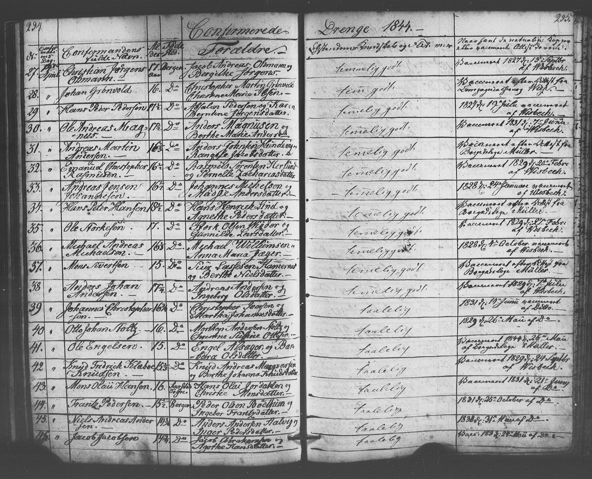 Domkirken sokneprestembete, AV/SAB-A-74801/H/Haa/L0063: Curate's parish register no. A 1, 1821-1848, p. 294-295