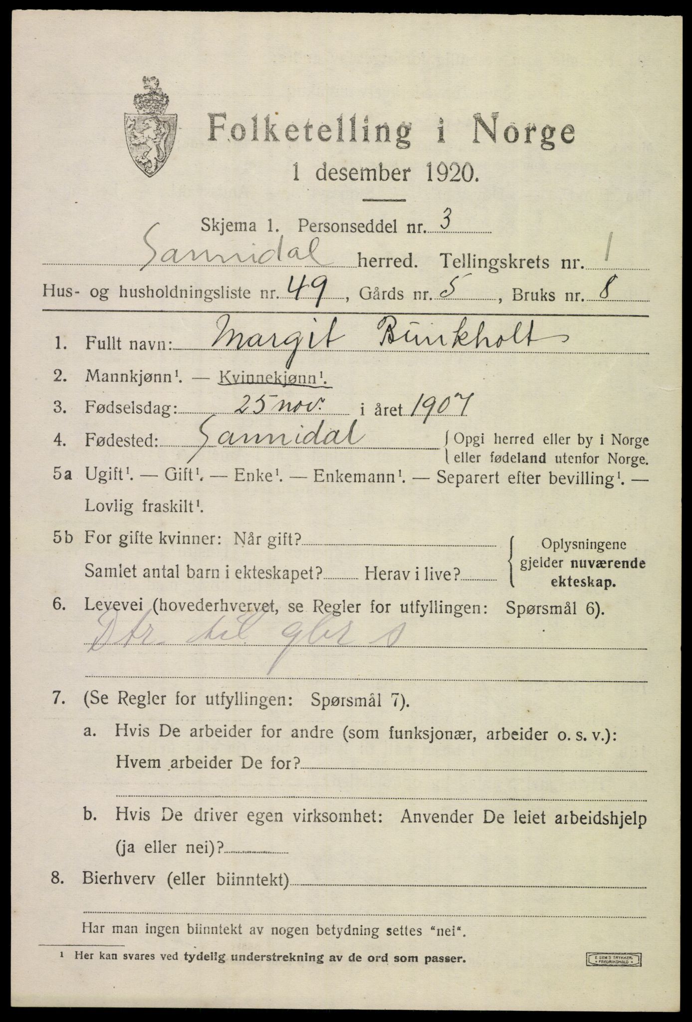 SAKO, 1920 census for Sannidal, 1920, p. 1619