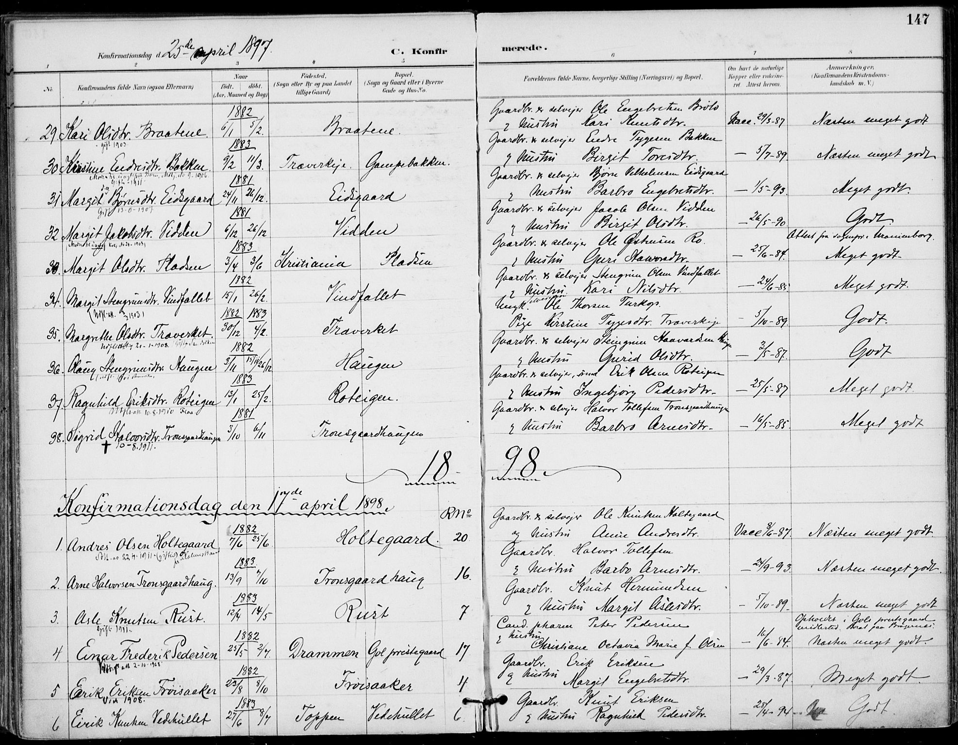 Gol kirkebøker, AV/SAKO-A-226/F/Fa/L0005: Parish register (official) no. I 5, 1887-1900, p. 147