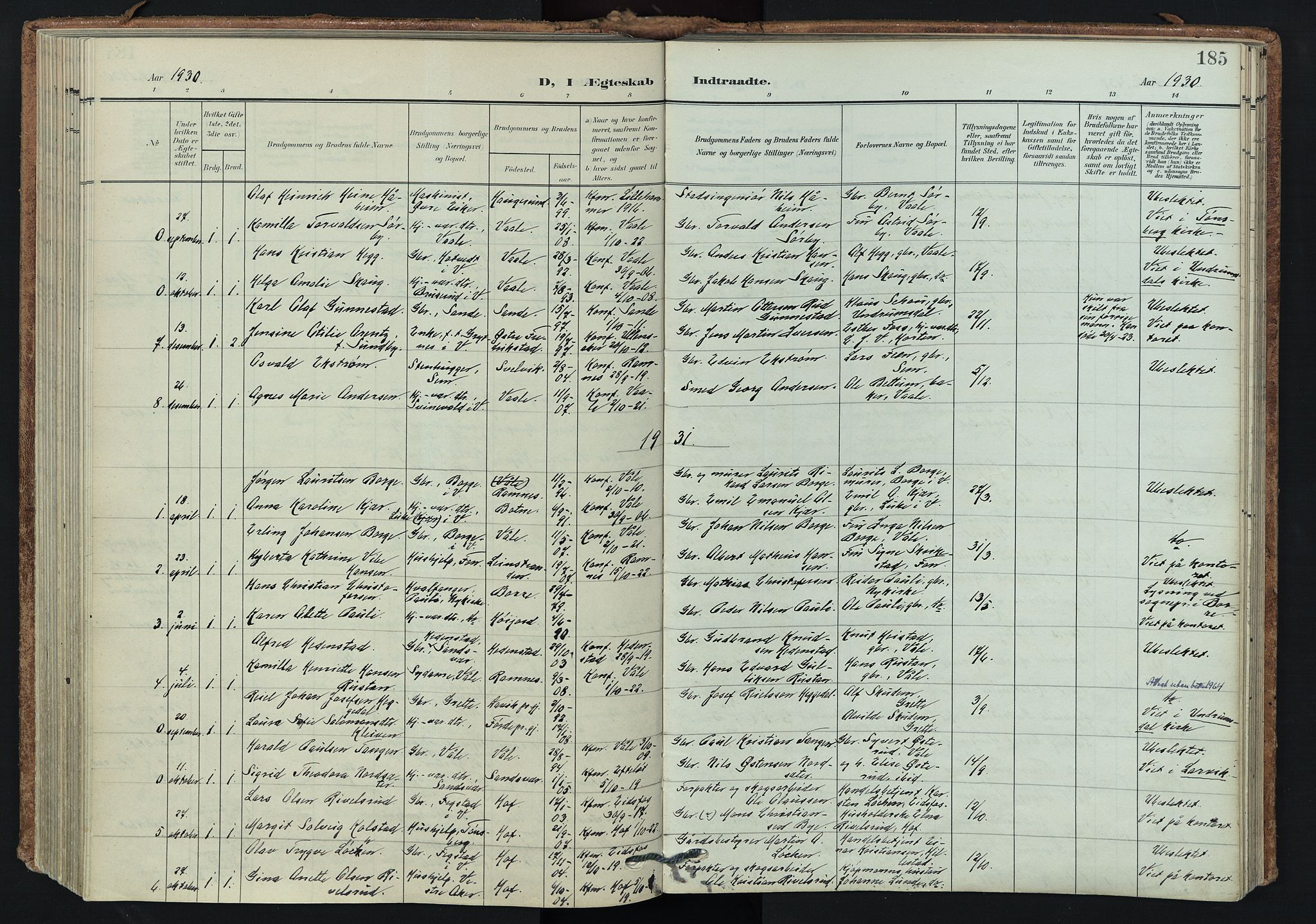 Våle kirkebøker, SAKO/A-334/F/Fa/L0012: Parish register (official) no. I 12, 1907-1934, p. 185