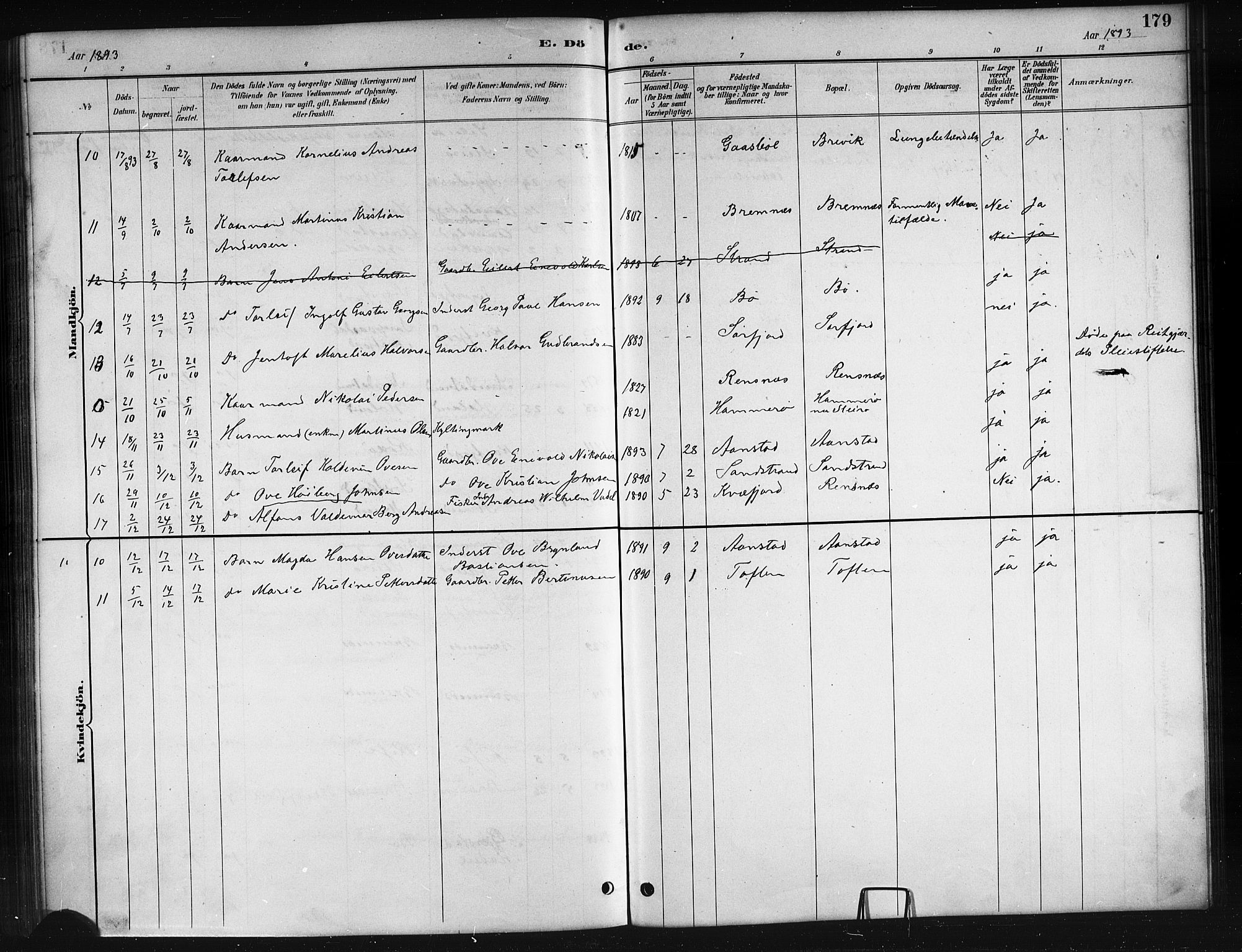 Ministerialprotokoller, klokkerbøker og fødselsregistre - Nordland, AV/SAT-A-1459/895/L1382: Parish register (copy) no. 895C04, 1885-1896, p. 179