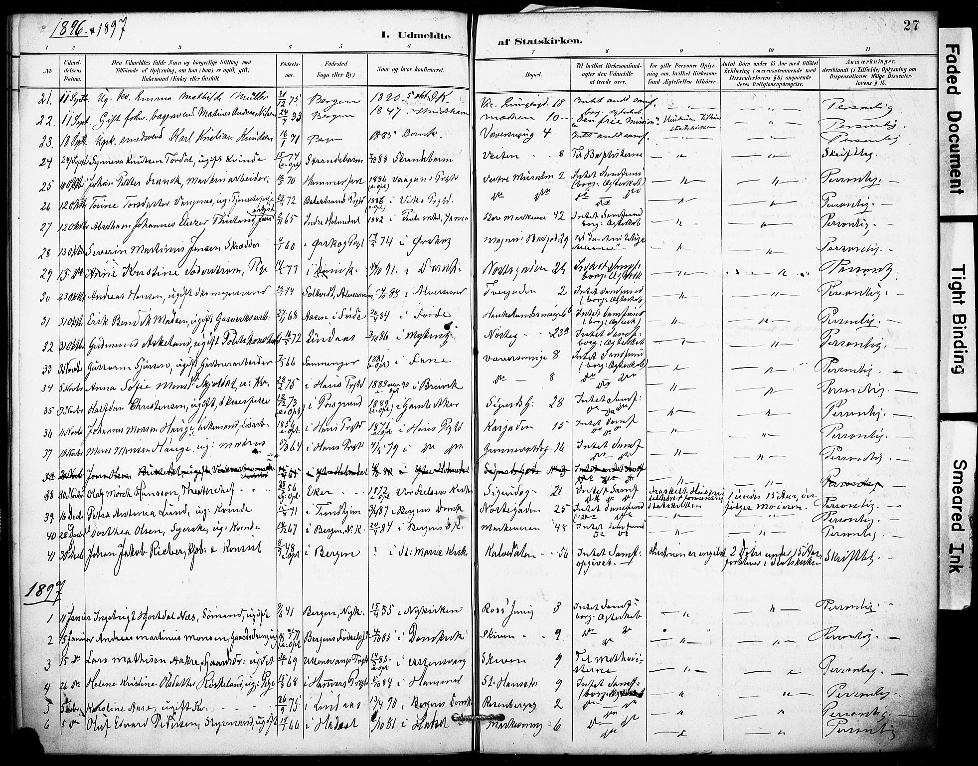 Domkirken sokneprestembete, SAB/A-74801/H/Haa: Parish register (official) no. I 1, 1887-1908, p. 27